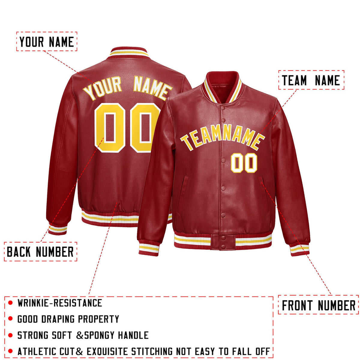 Custom Red Gold Full-Snap Varsity Faux Leather Letterman Jacket| KXKSHOP