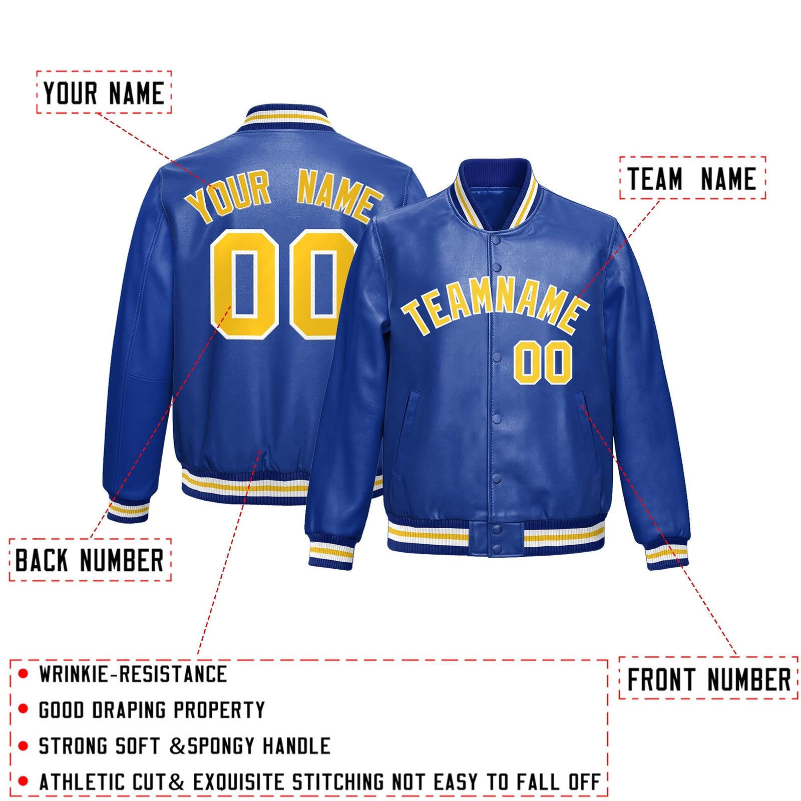 Custom Royal Blue Gold Full-Snap Varsity Faux Leather Letterman Jacket| KXKSHOP
