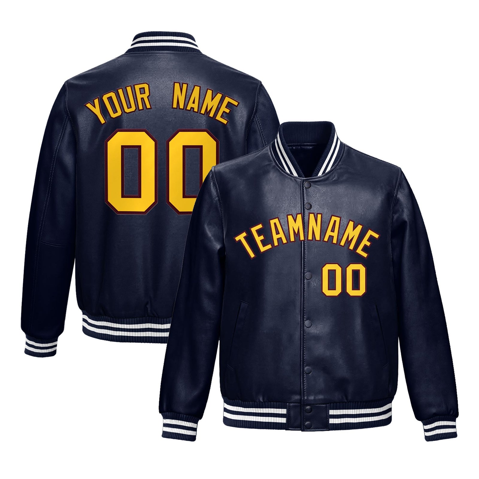 Custom Navy Crimson Gold Full-Snap Varsity Faux Leather Letterman Jacket| KXKSHOP