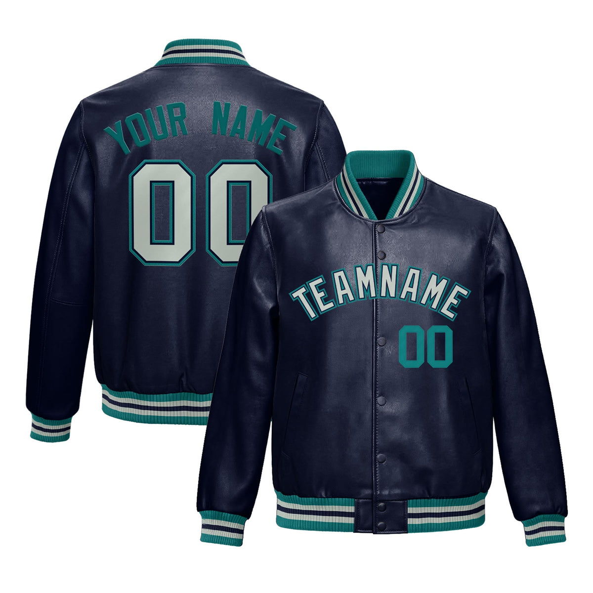 Custom Navy Teal Full-Snap Varsity Faux Leather Letterman Jacket| KXKSHOP