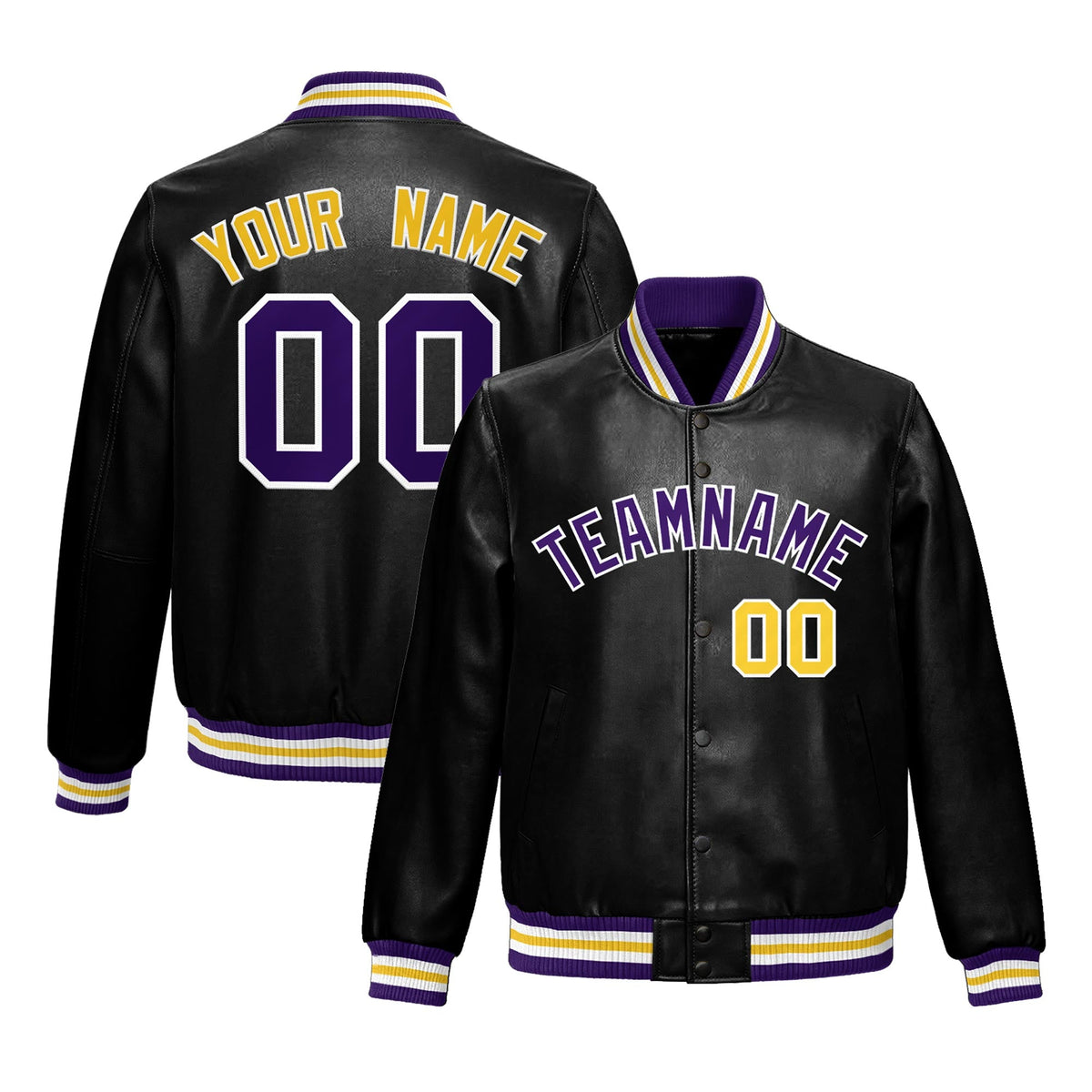 Custom Black Purple Gold Full-Snap Varsity Faux Leather Letterman Jacket| KXKSHOP