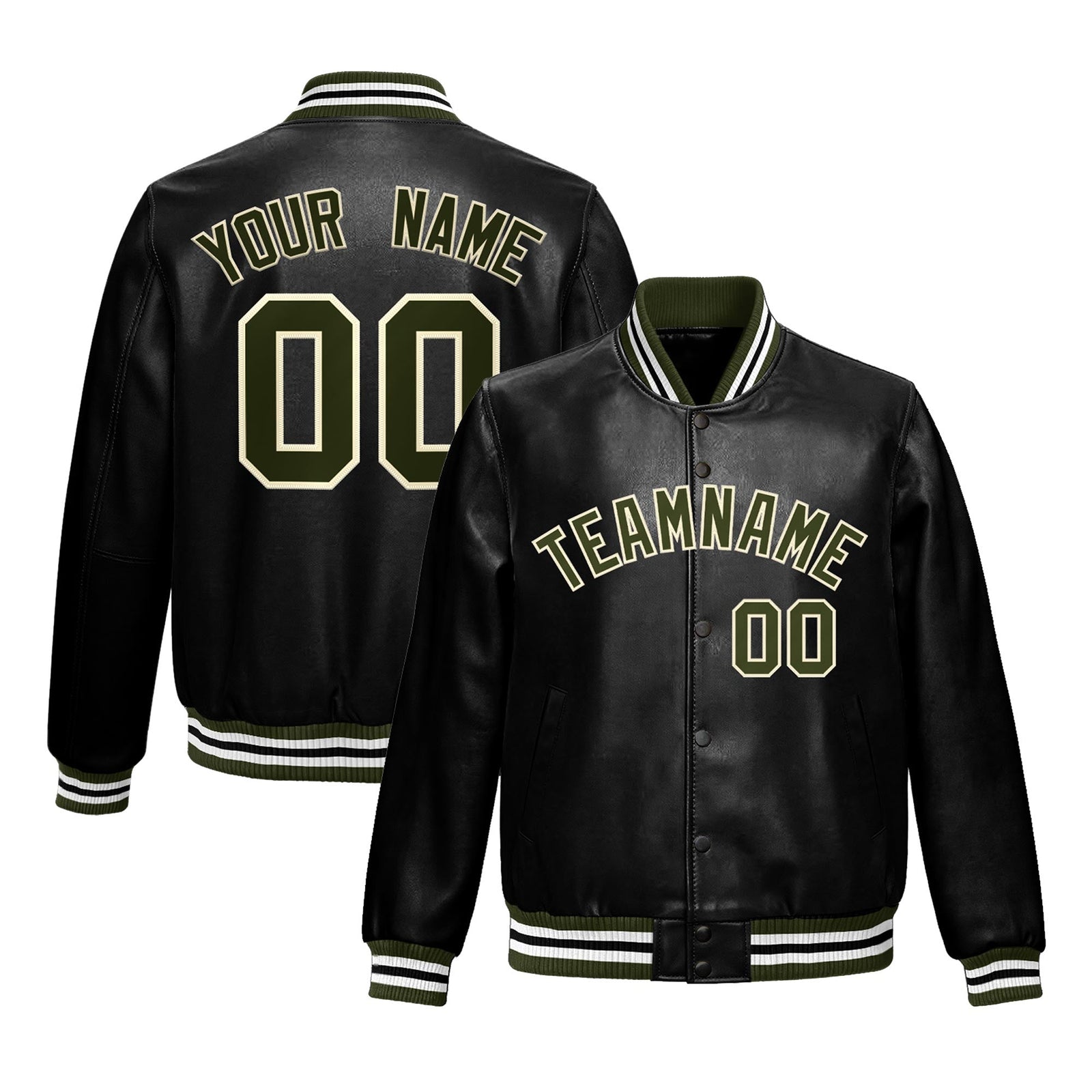 Custom Black Olive Full-Snap Varsity Faux Leather Letterman Jacket| KXKSHOP