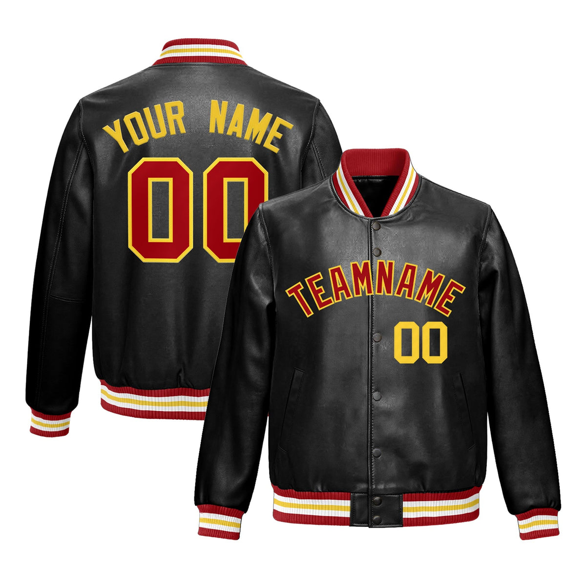 Custom Black Red Gold Full-Snap Varsity Faux Leather Letterman Jacket| KXKSHOP