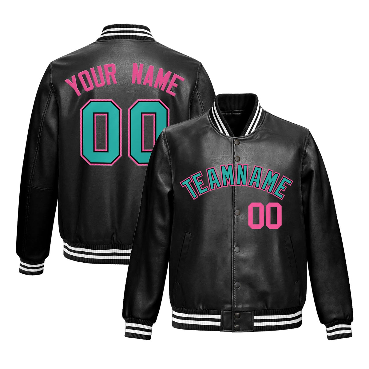 Custom Black Aqua Full-Snap Varsity Faux Leather Letterman Jacket| KXKSHOP