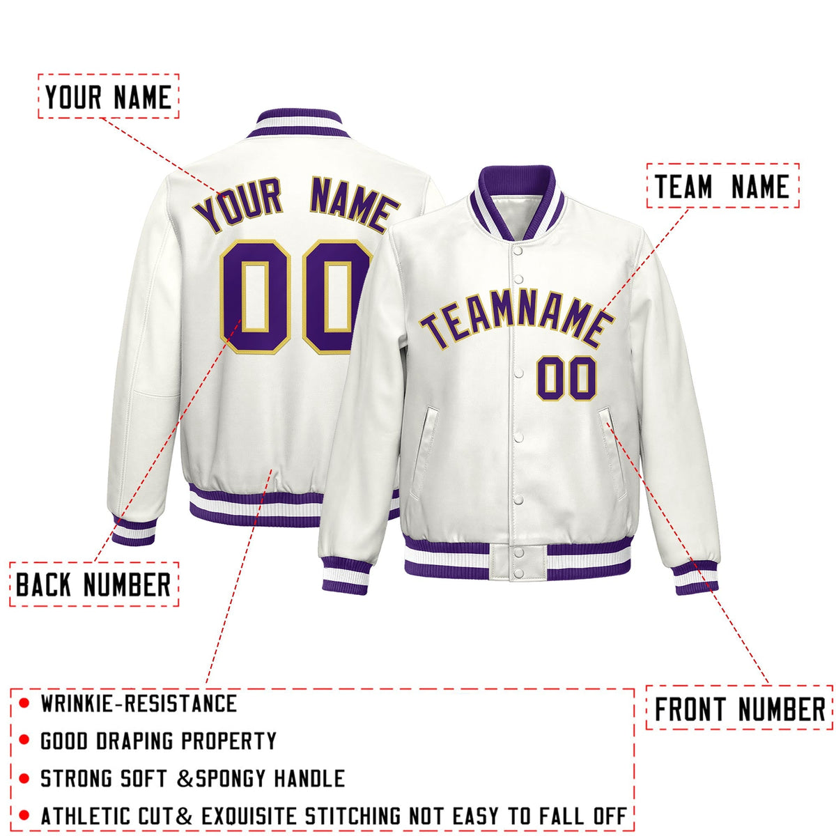 Custom Purple White Full-Snap Varsity Faux Leather Letterman Jacket| KXKSHOP