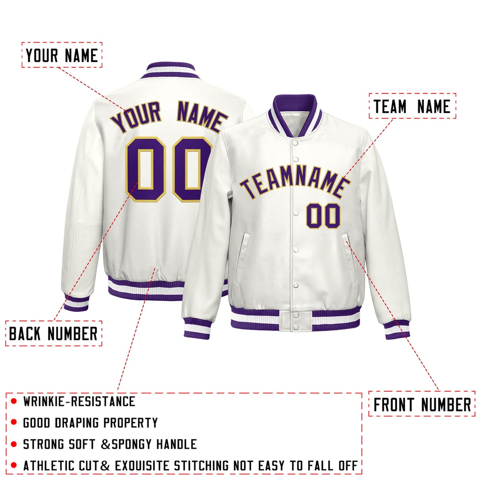 Custom Purple White Full-Snap Varsity Faux Leather Letterman Jacket| KXKSHOP