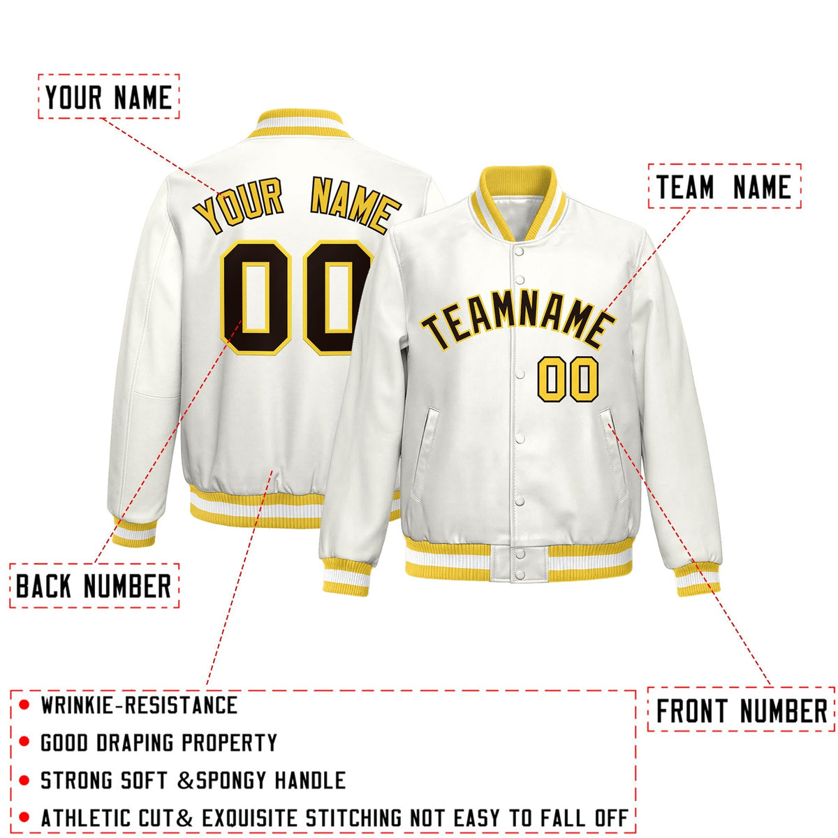 Custom Gold White Full-Snap Varsity Faux Leather Letterman Jacket| KXKSHOP