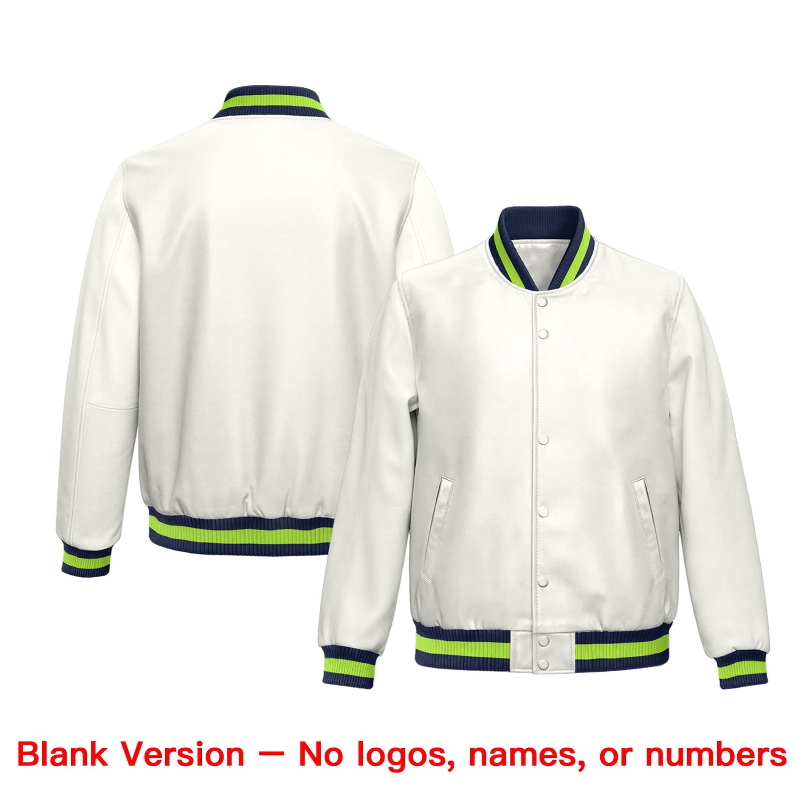 Custom White Neon Green Full-Snap Varsity Faux Leather Letterman Jacket| KXKSHOP