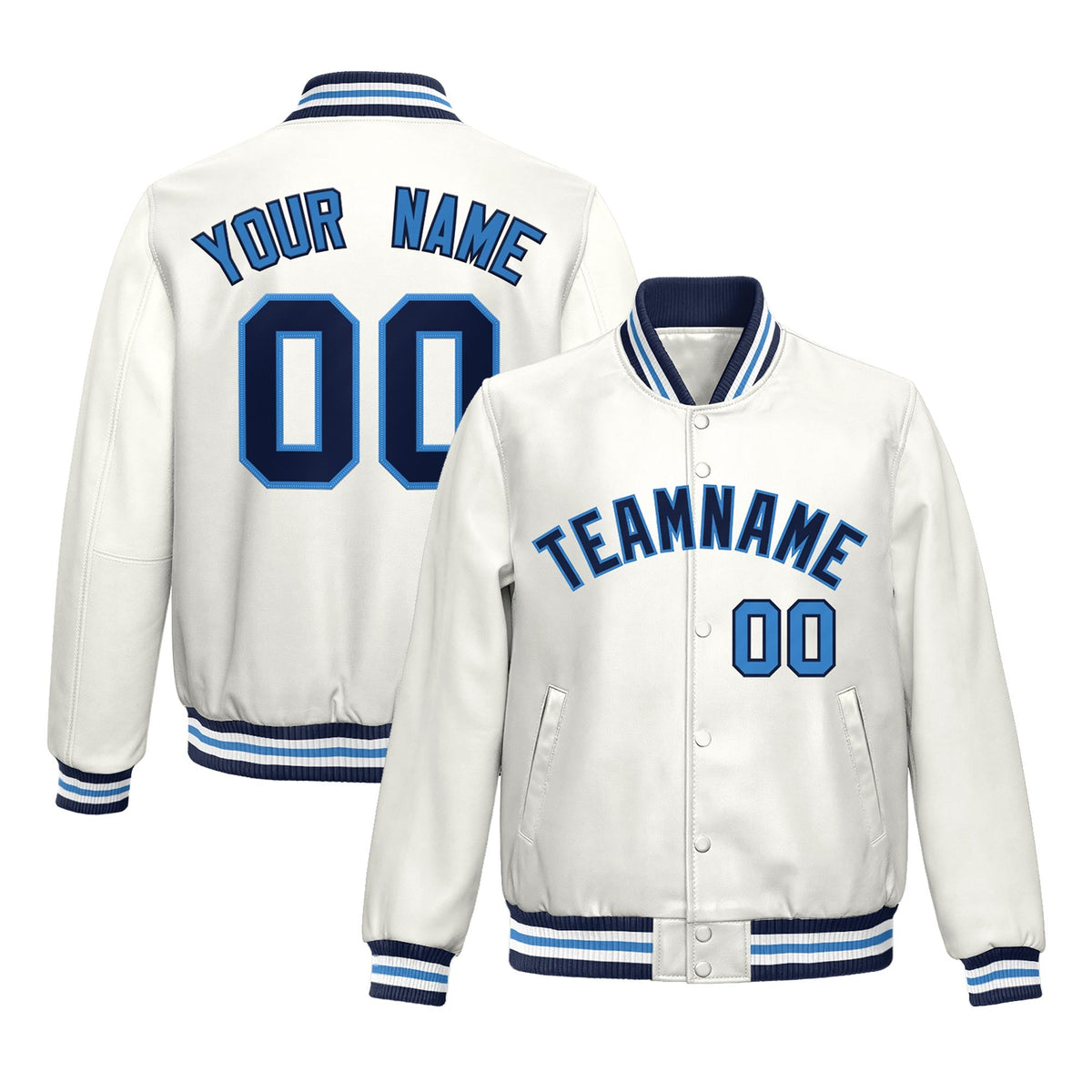 Custom White Light Blue Full-Snap Varsity Faux Leather Letterman Jacket| KXKSHOP