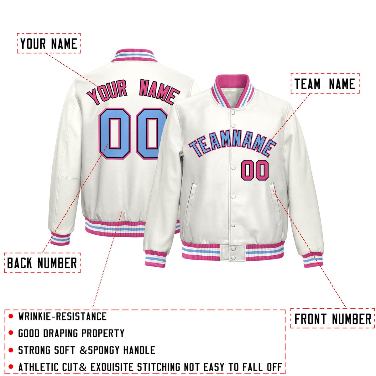 Custom White Pink Full-Snap Varsity Faux Leather Letterman Jacket| KXKSHOP