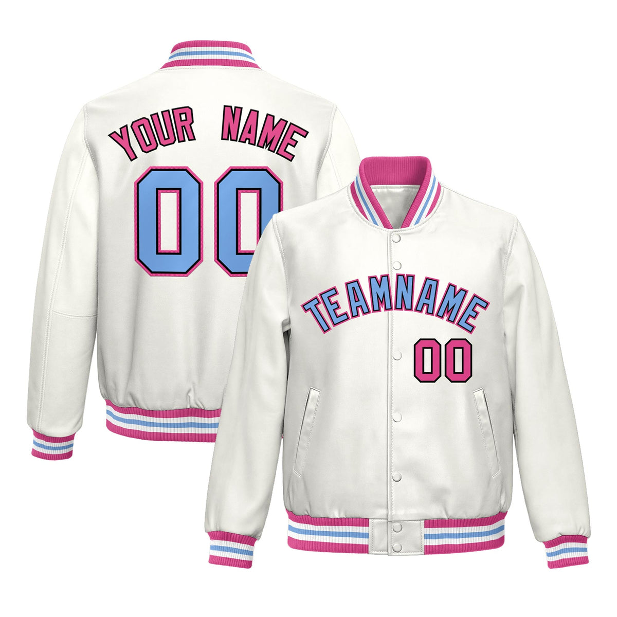 Custom White Pink Full-Snap Varsity Faux Leather Letterman Jacket| KXKSHOP
