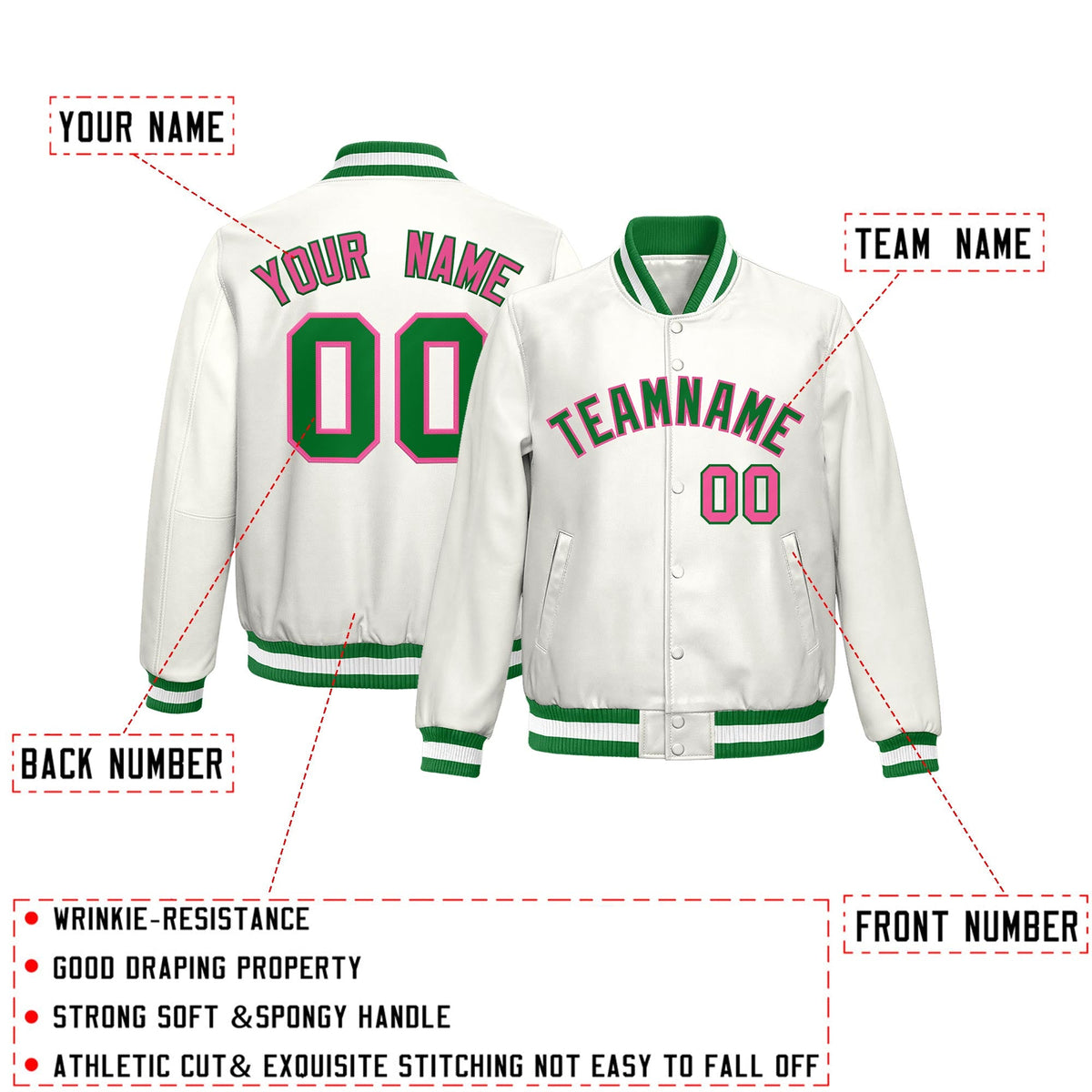 Custom White Kelly Green Pink Full-Snap Varsity Faux Leather Letterman Jacket| KXKSHOP