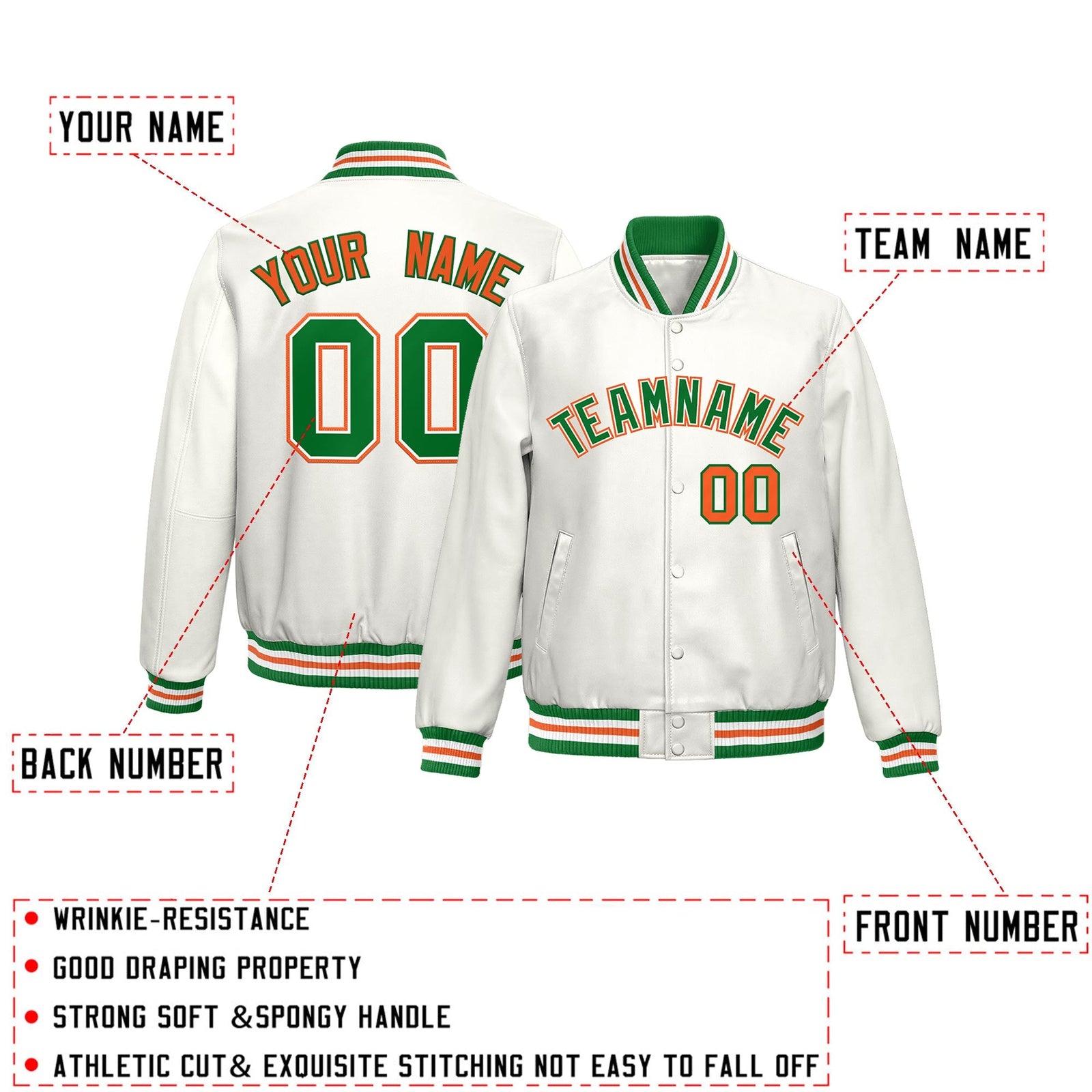 Custom White Kelly Green Orange Full-Snap Varsity Faux Leather Letterman Jacket| KXKSHOP
