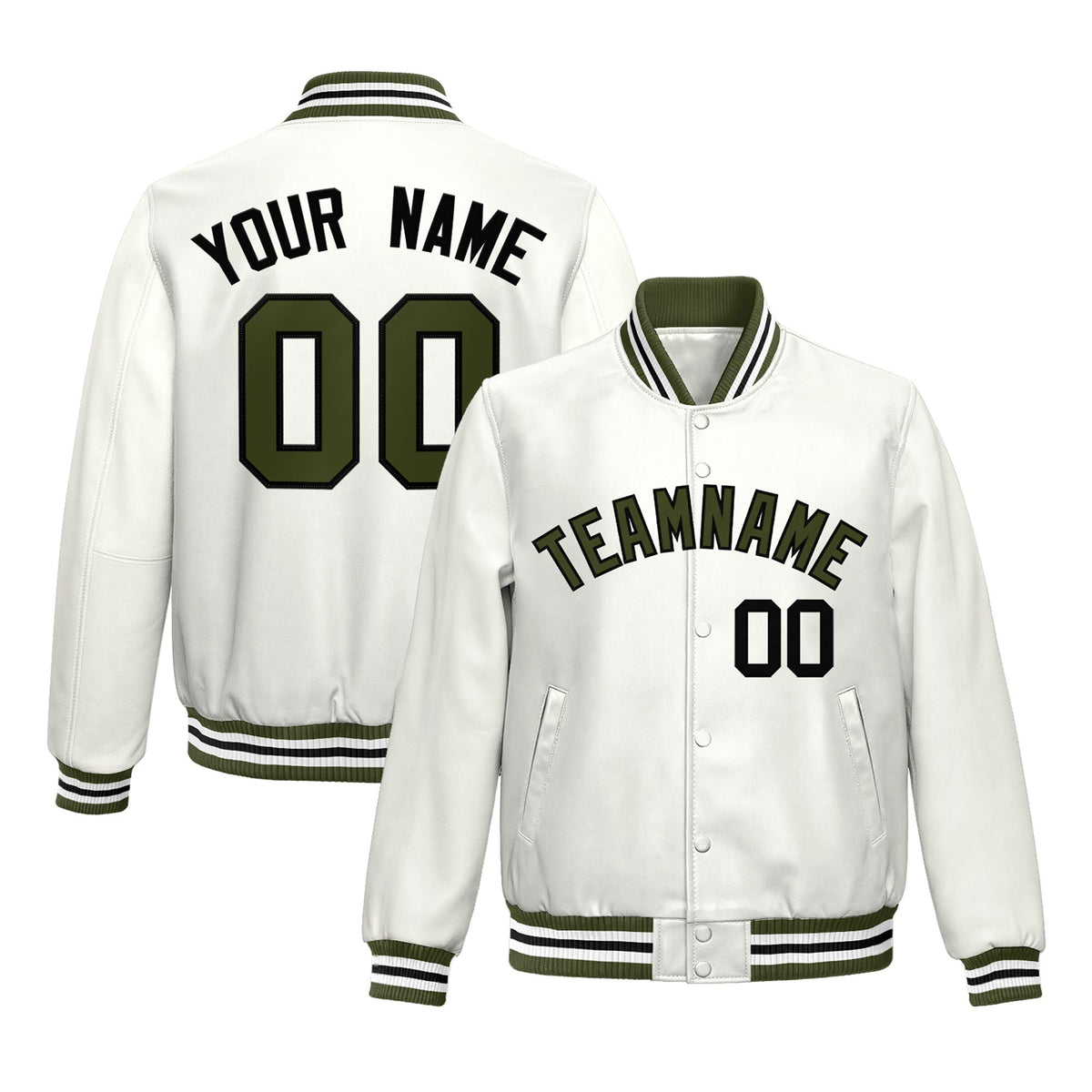Custom White Olive Full-Snap Varsity Faux Leather Letterman Jacket| KXKSHOP