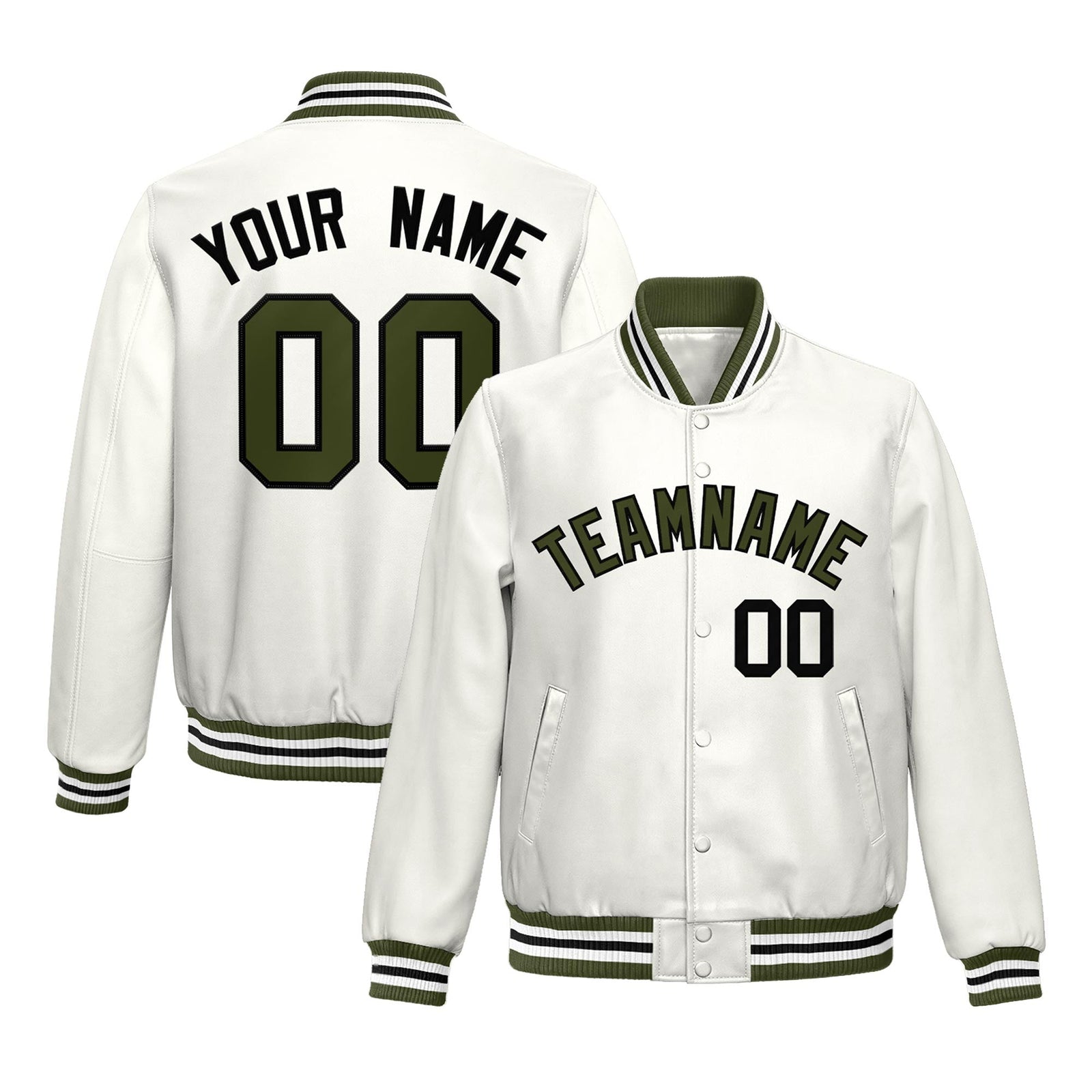 Custom White Olive Full-Snap Varsity Faux Leather Letterman Jacket| KXKSHOP