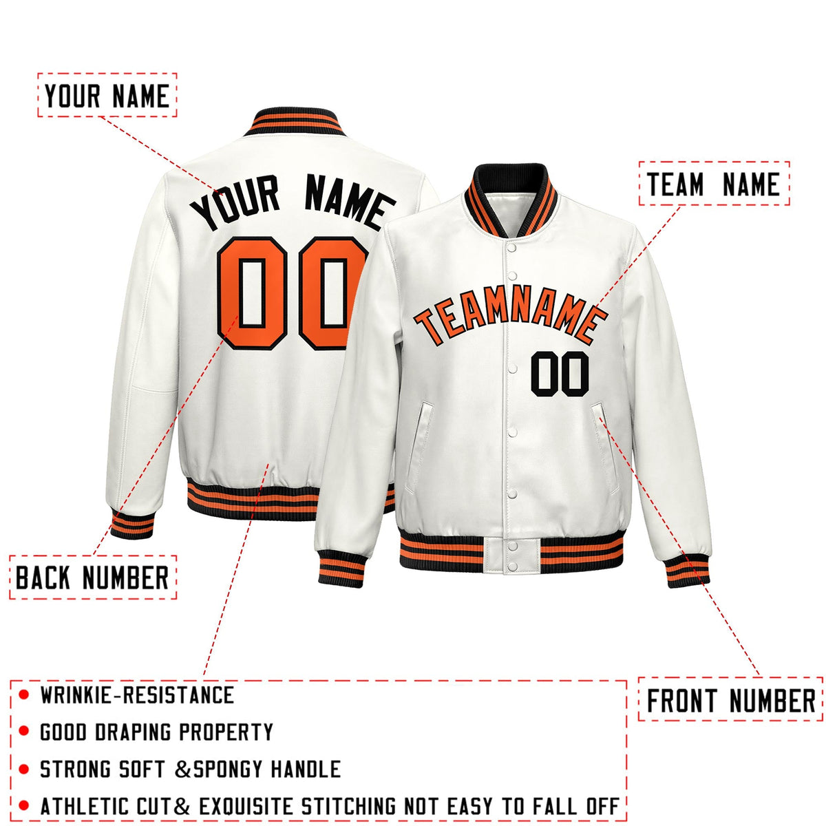 Custom White Orange Full-Snap Varsity Faux Leather Letterman Jacket| KXKSHOP