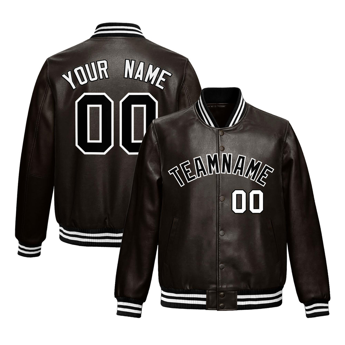 Custom Brown Black Full-Snap Varsity Faux Leather Letterman Jacket| KXKSHOP