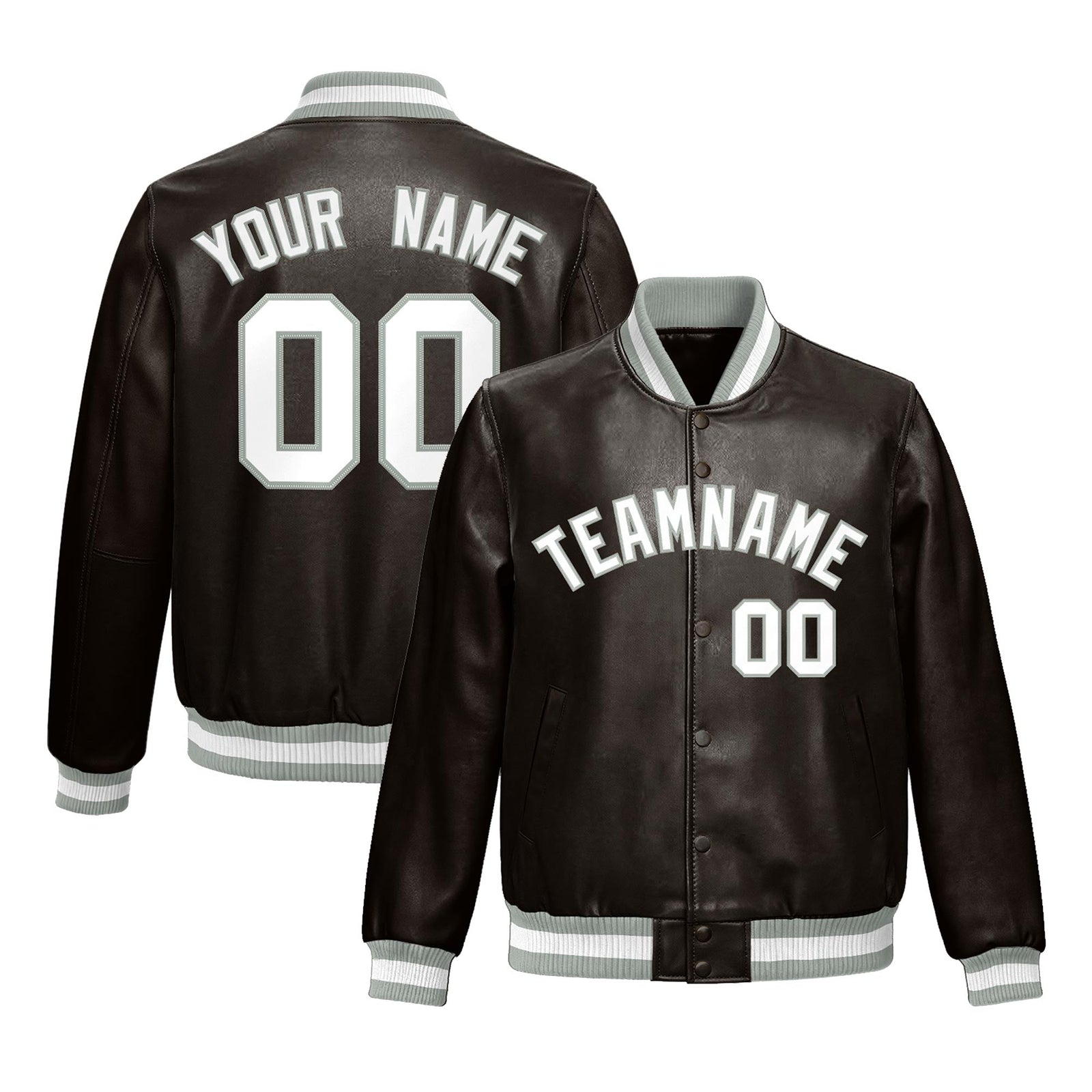Custom Brown Gray Full-Snap Varsity Faux Leather Letterman Jacket| KXKSHOP