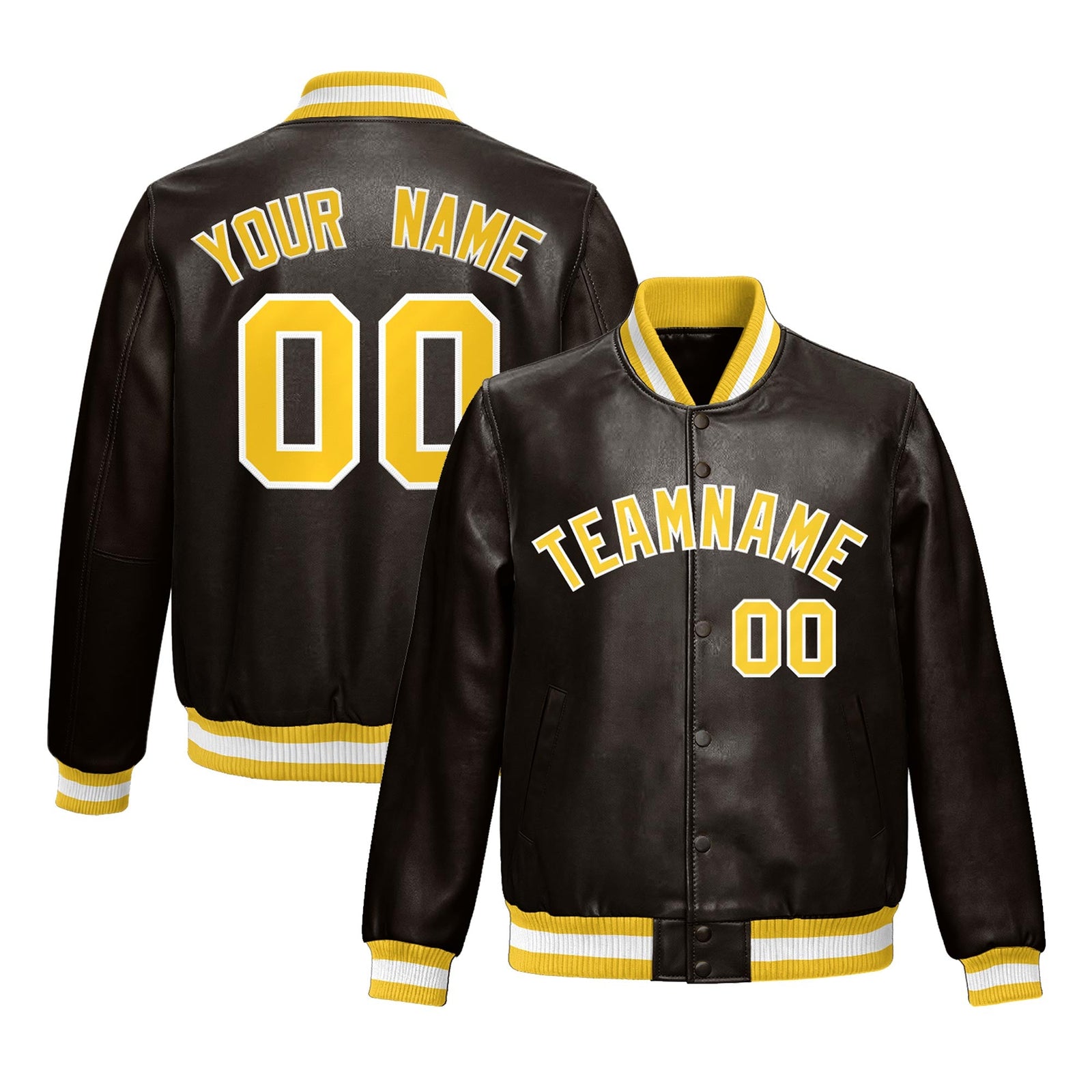 Custom Brown Yellow Full-Snap Varsity Faux Leather Letterman Jacket| KXKSHOP