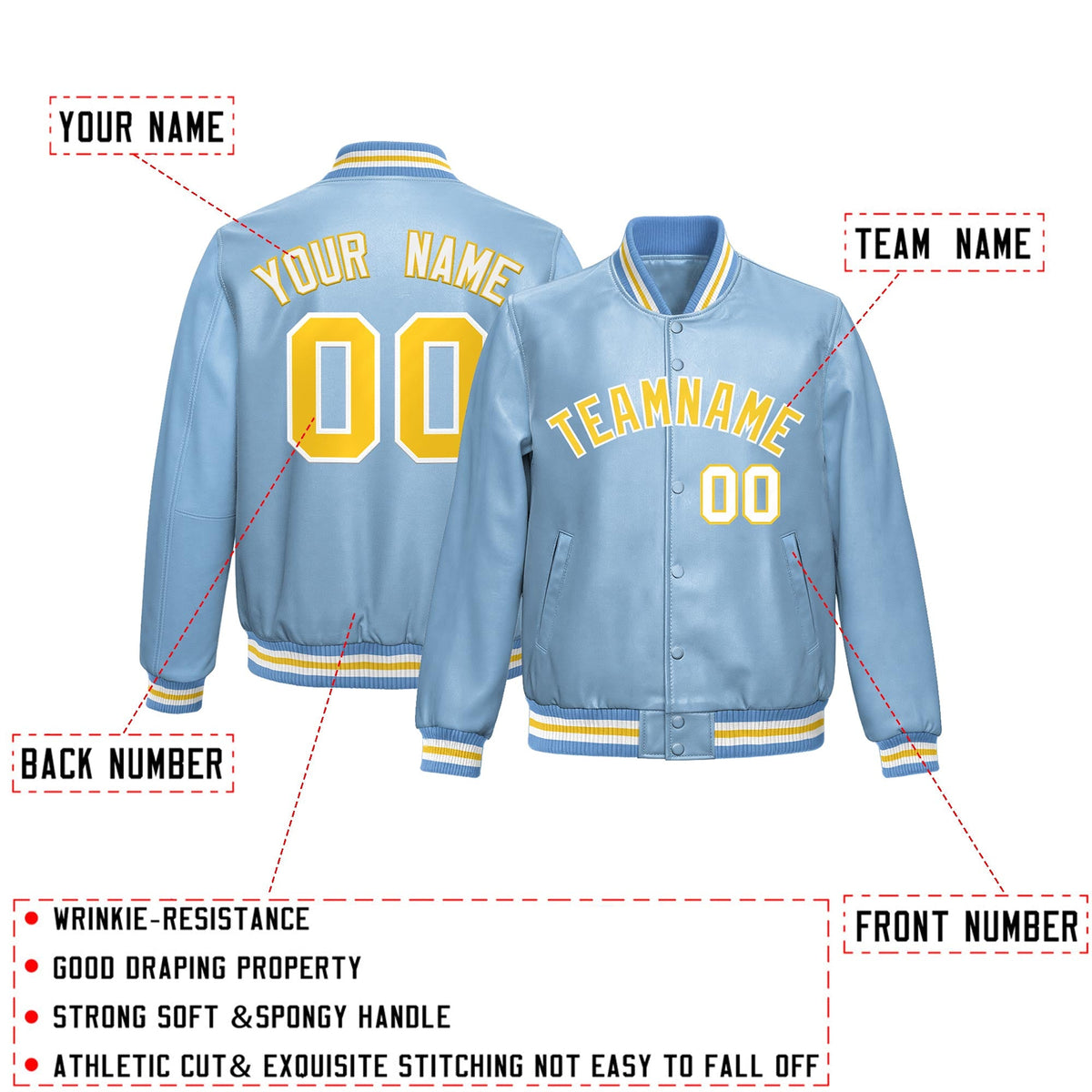 Custom Powder Blue Gold Full-Snap Varsity Faux Leather Letterman Jacket| KXKSHOP