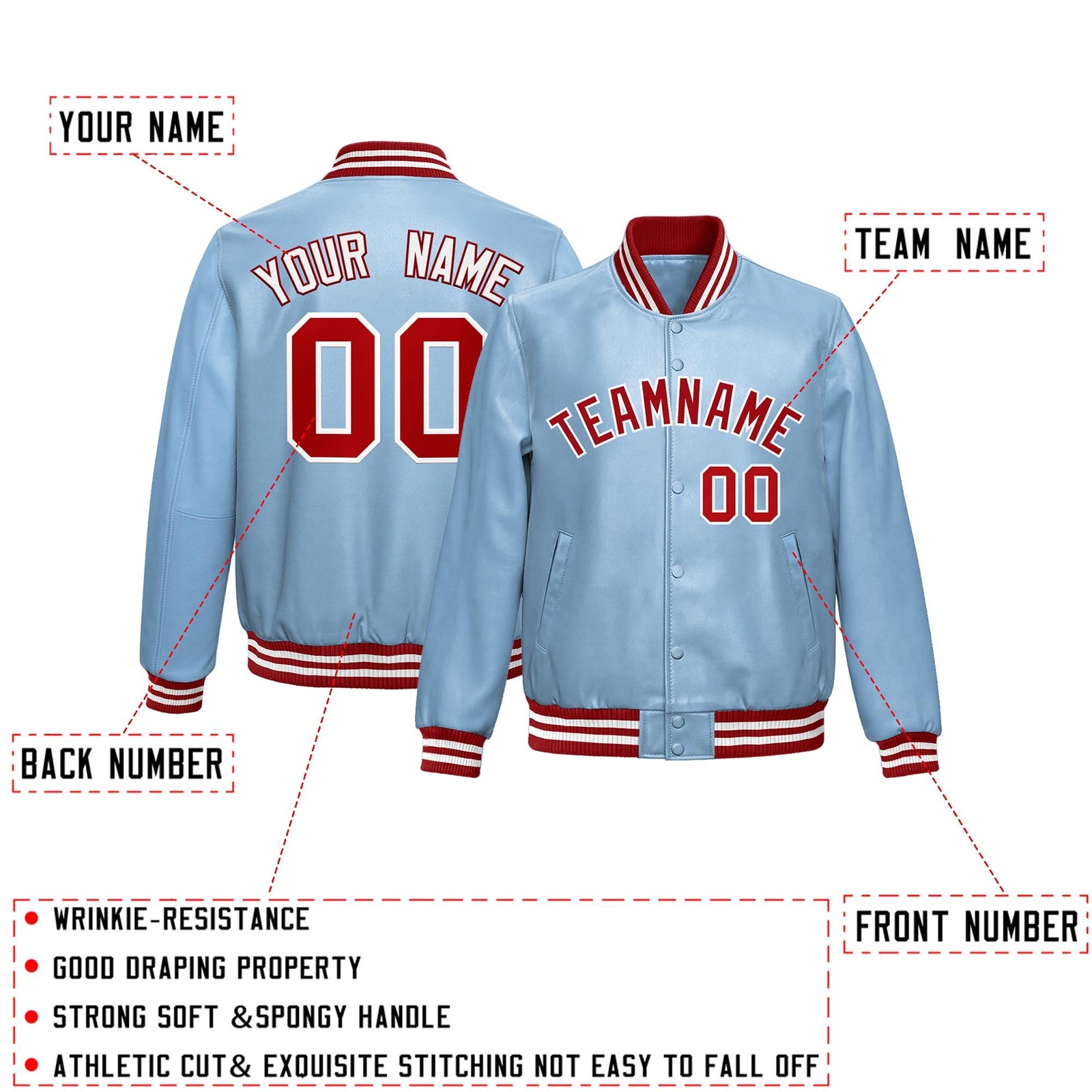 Custom Powder Blue Red Full-Snap Varsity Faux Leather Letterman Jacket| KXKSHOP