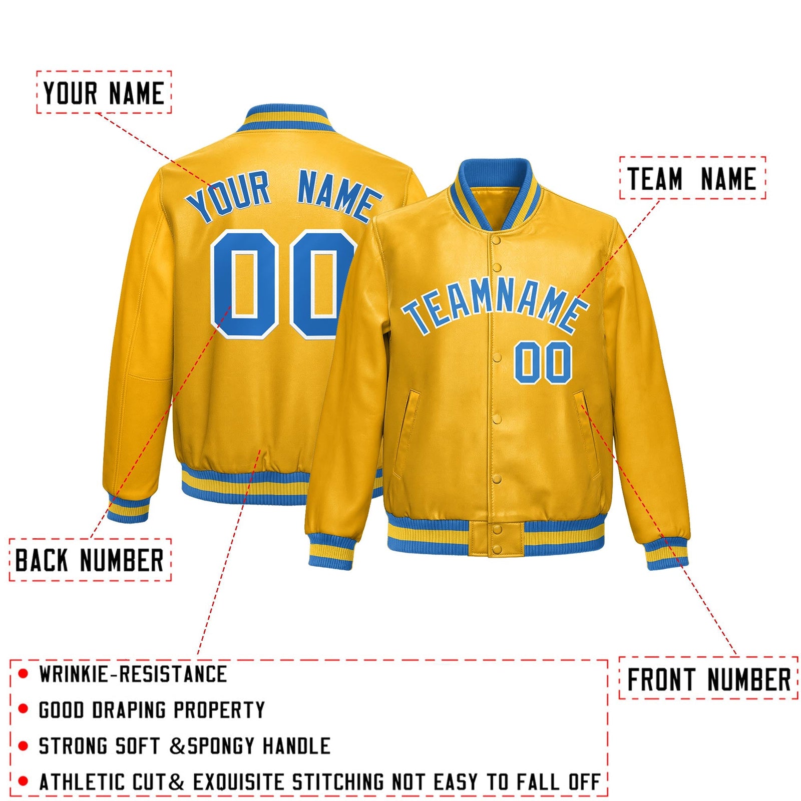 Custom Yellow Light Blue Full-Snap Varsity Faux Leather Letterman Jacket| KXKSHOP