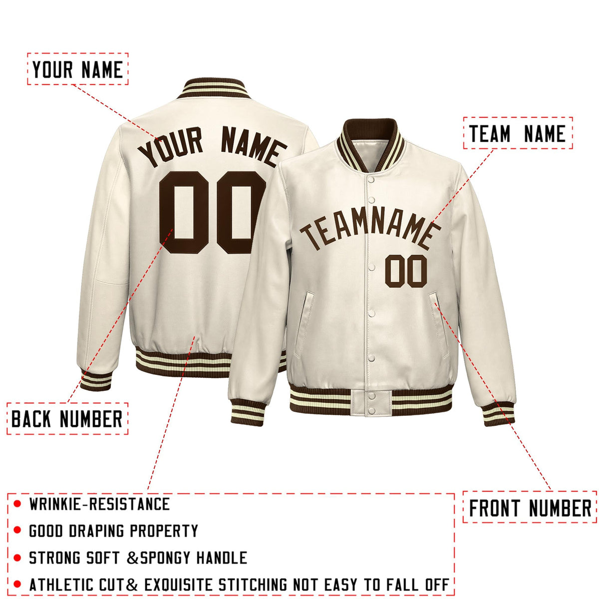 Custom Cream Brown Full-Snap Varsity Faux Leather Letterman Jacket| KXKSHOP