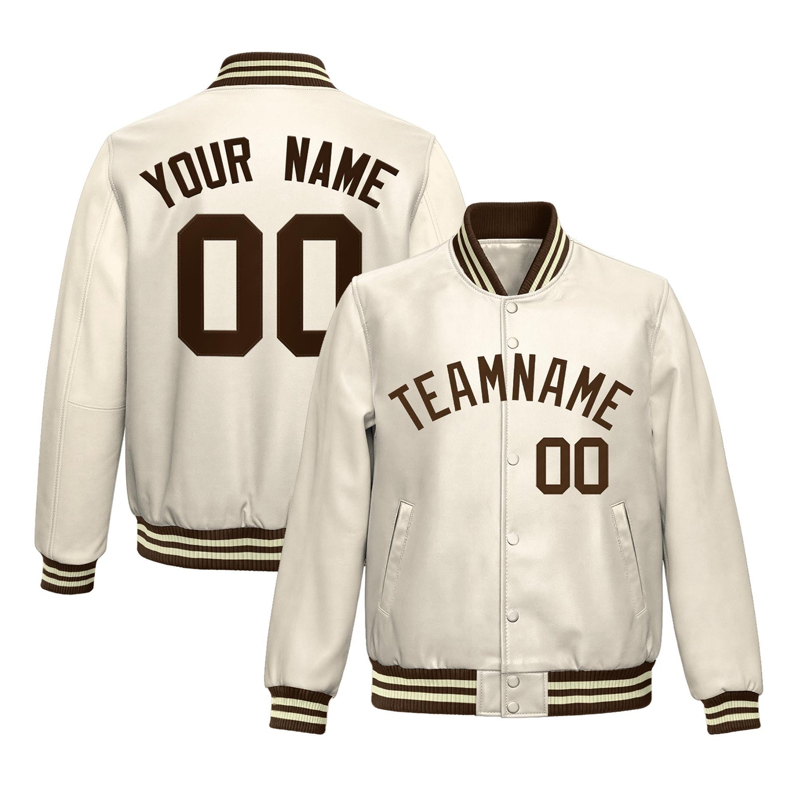 Custom Cream Brown Full-Snap Varsity Faux Leather Letterman Jacket| KXKSHOP