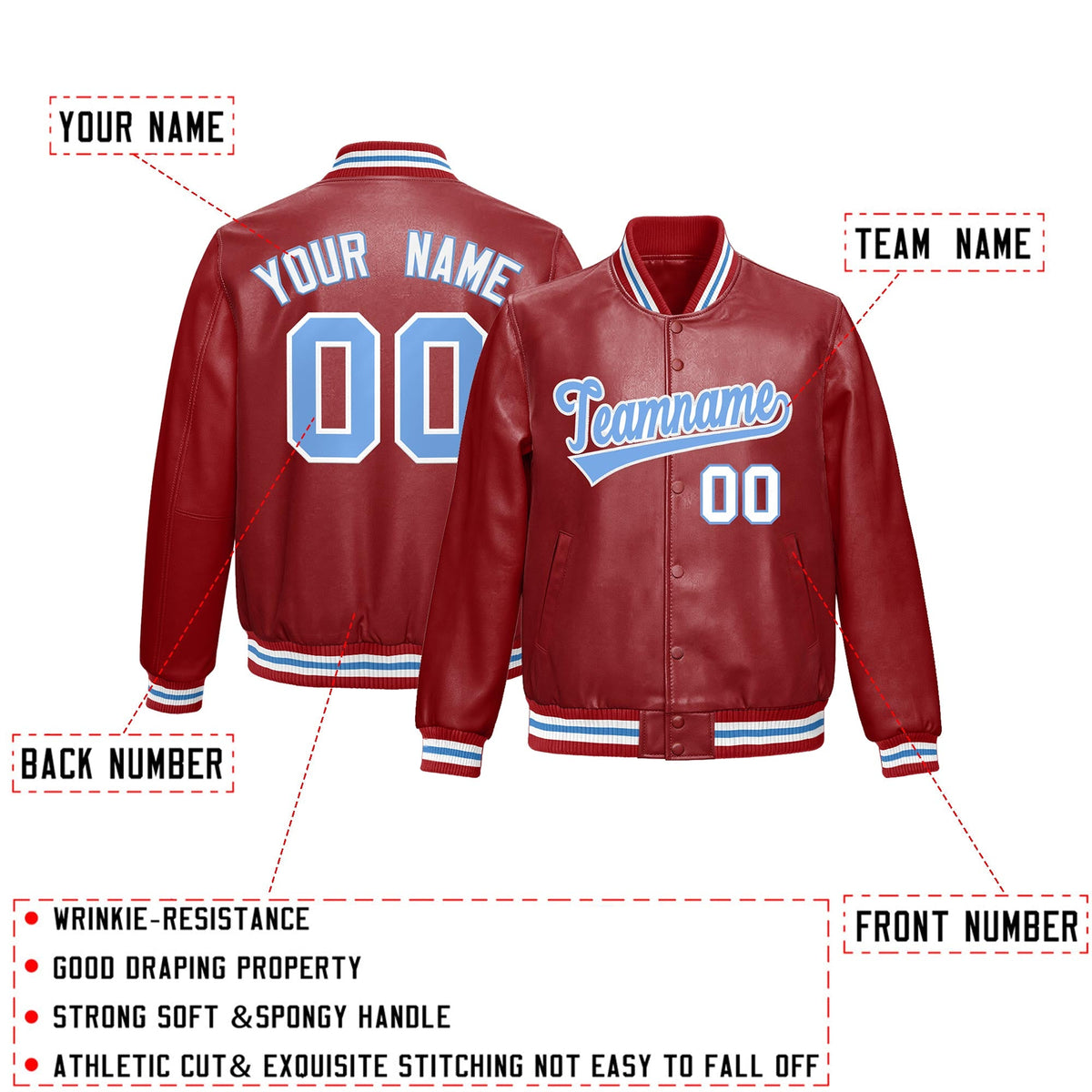 Custom Red Light Blue Full-Snap Varsity Faux Leather Letterman Jacket| KXKSHOP