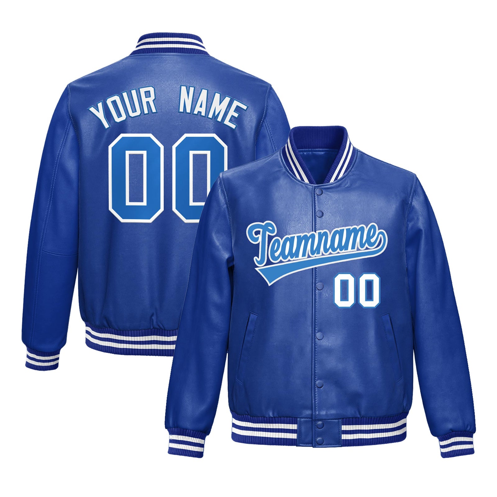Custom Royal Blue Light Blue Full-Snap Varsity Faux Leather Letterman Jacket| KXKSHOP