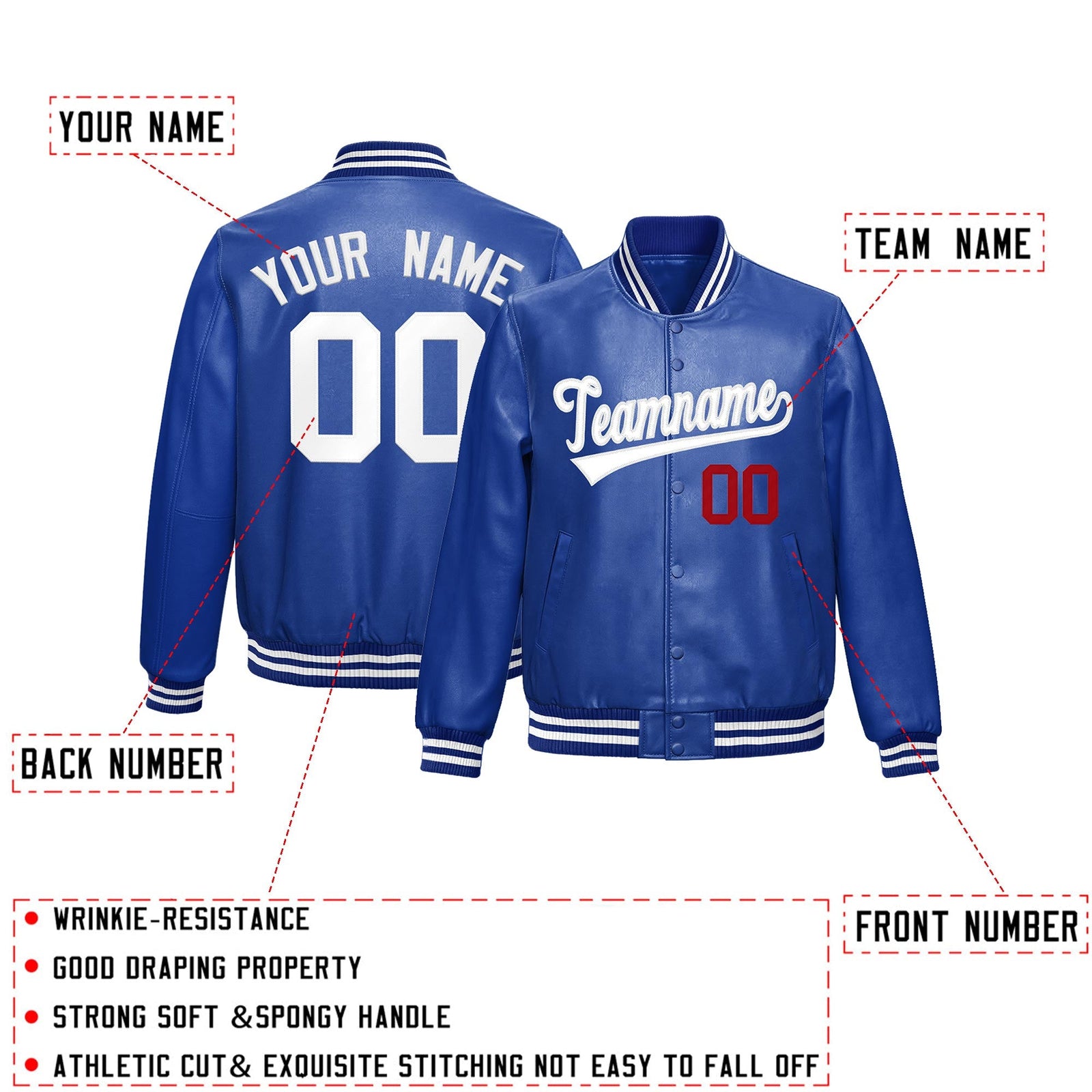 Custom Royal Blue White Full-Snap Varsity Faux Leather Letterman Jacket| KXKSHOP