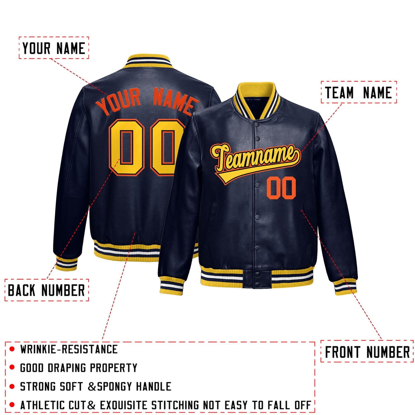 Custom Navy Gold Full-Snap Varsity Faux Leather Letterman Jacket| KXKSHOP