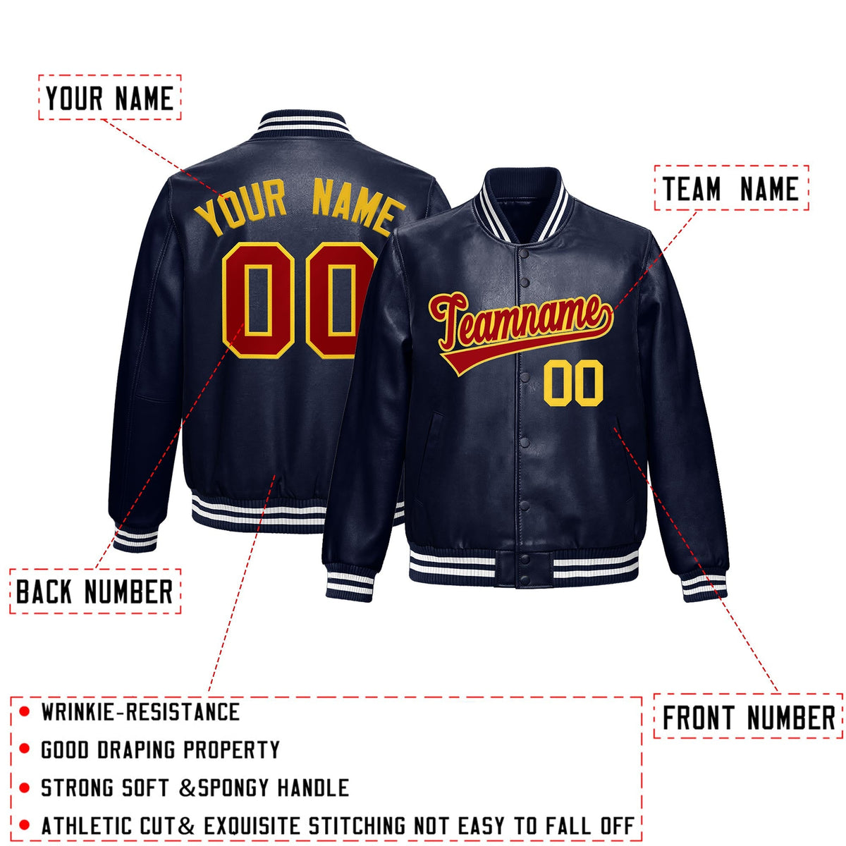Custom Navy Red Gold Full-Snap Varsity Faux Leather Letterman Jacket| KXKSHOP