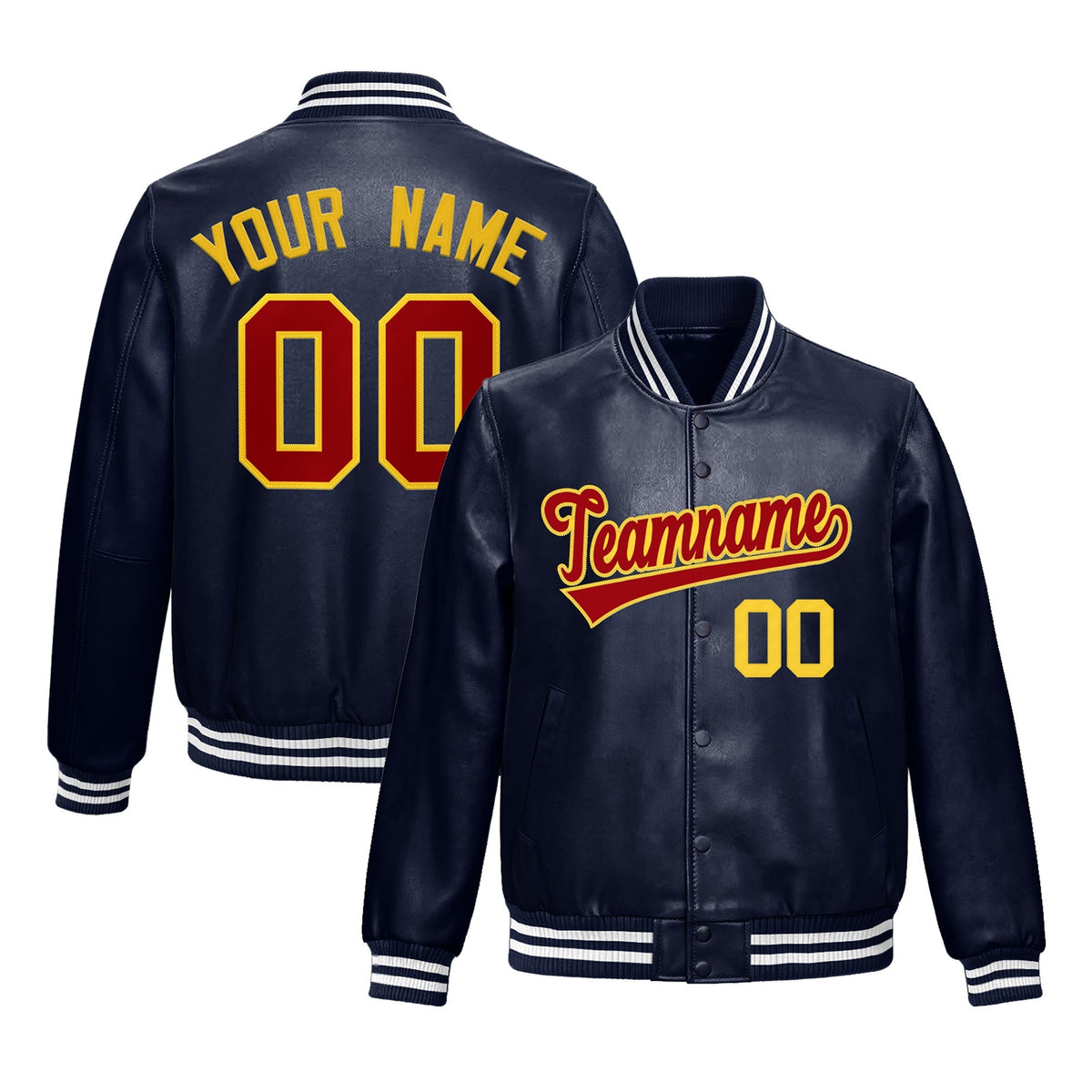 Custom Navy Red Gold Full-Snap Varsity Faux Leather Letterman Jacket| KXKSHOP