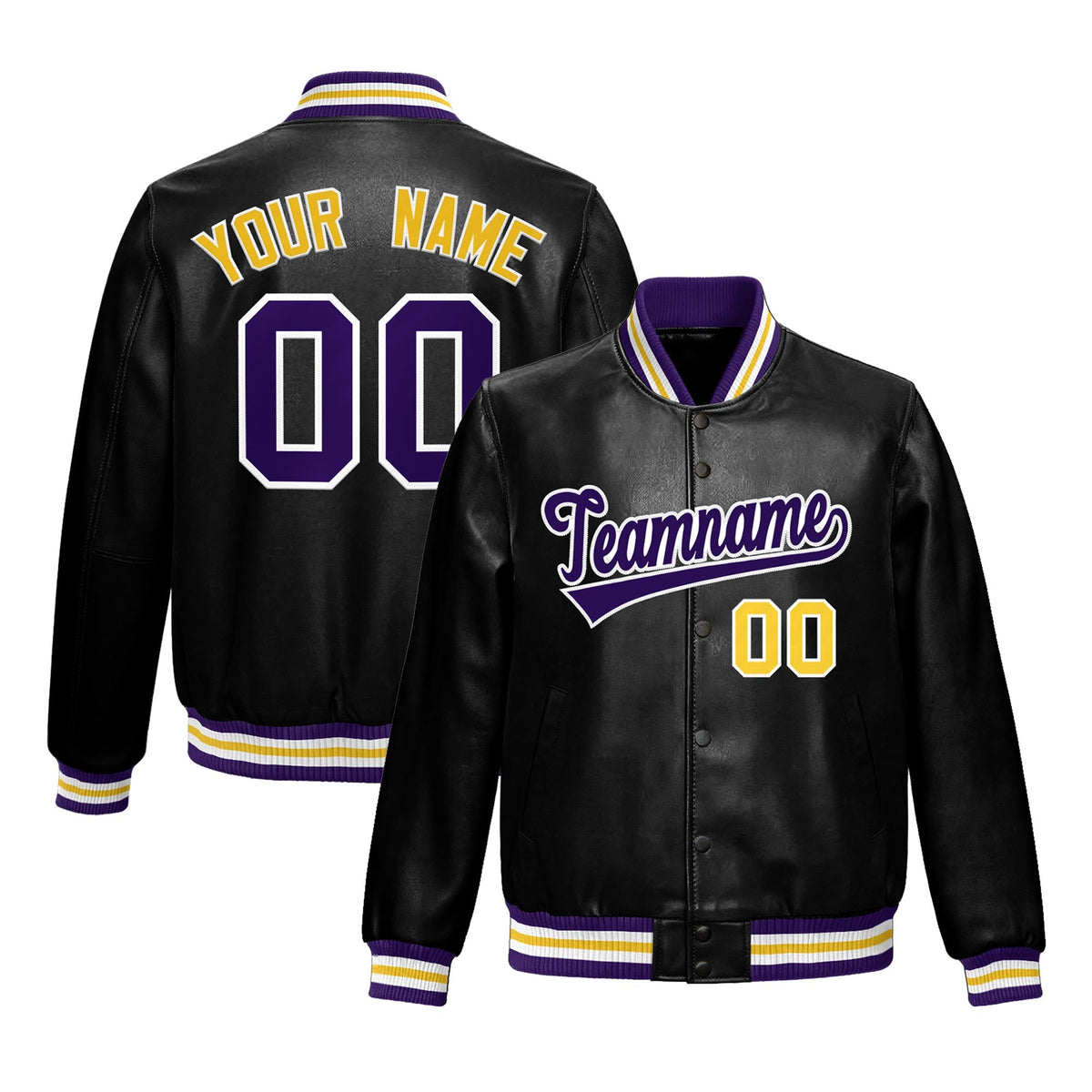 Custom Black Purple Gold Full-Snap Varsity Faux Leather Letterman Jacket| KXKSHOP