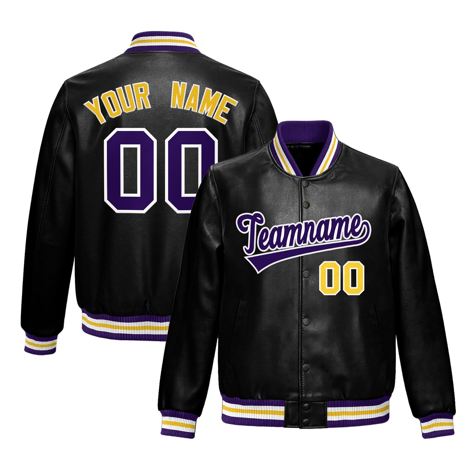 Custom Black Purple Gold Full-Snap Varsity Faux Leather Letterman Jacket| KXKSHOP
