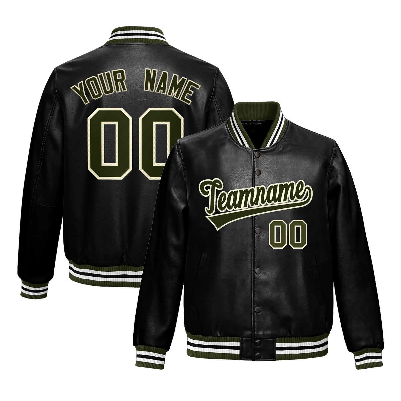 Custom Black Olive Full-Snap Varsity Faux Leather Letterman Jacket| KXKSHOP