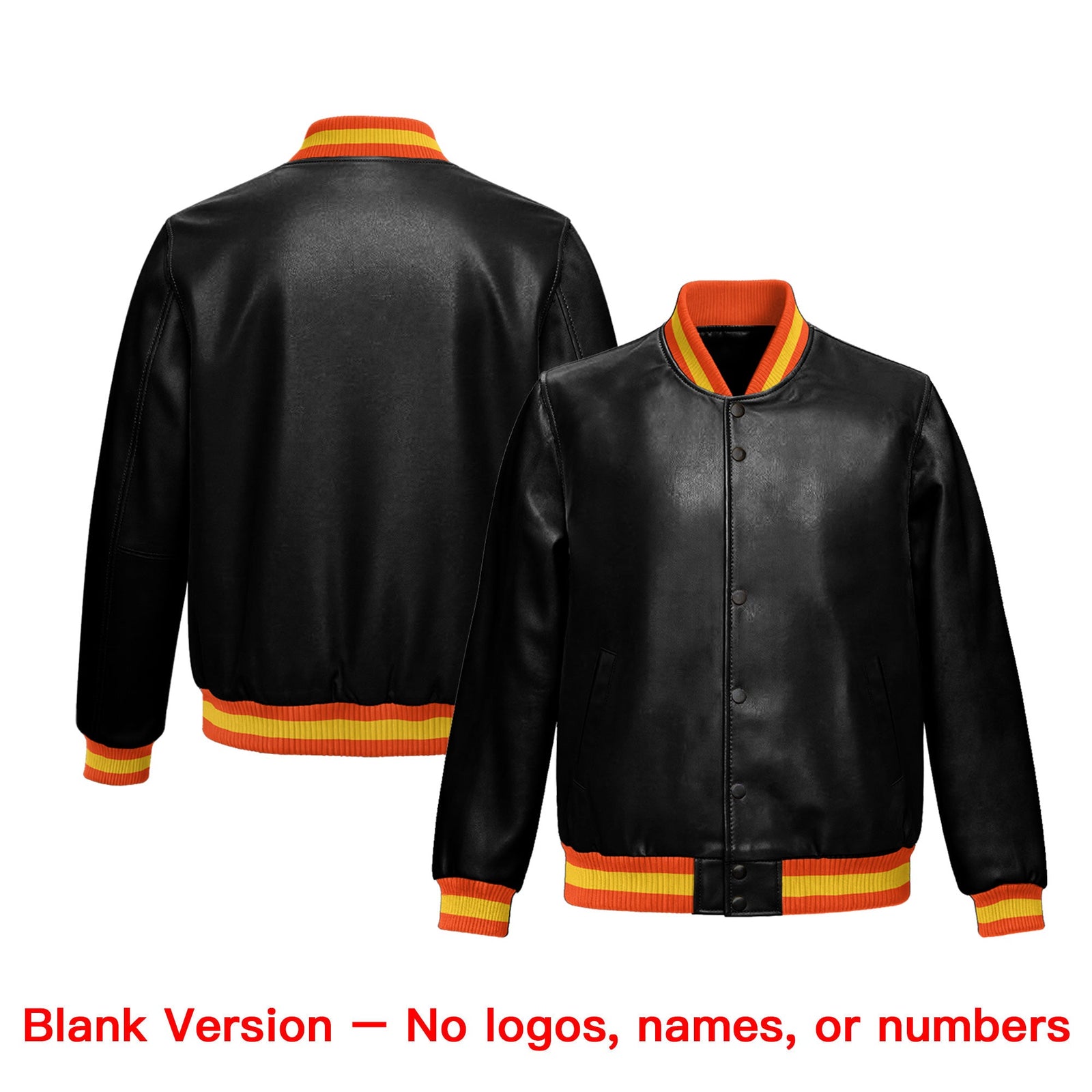 Custom Black Orange Gold Full-Snap Varsity Faux Leather Letterman Jacket| KXKSHOP