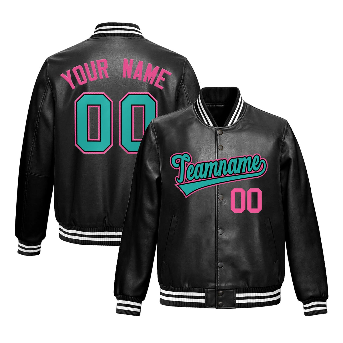 Custom Black Aqua Full-Snap Varsity Faux Leather Letterman Jacket| KXKSHOP