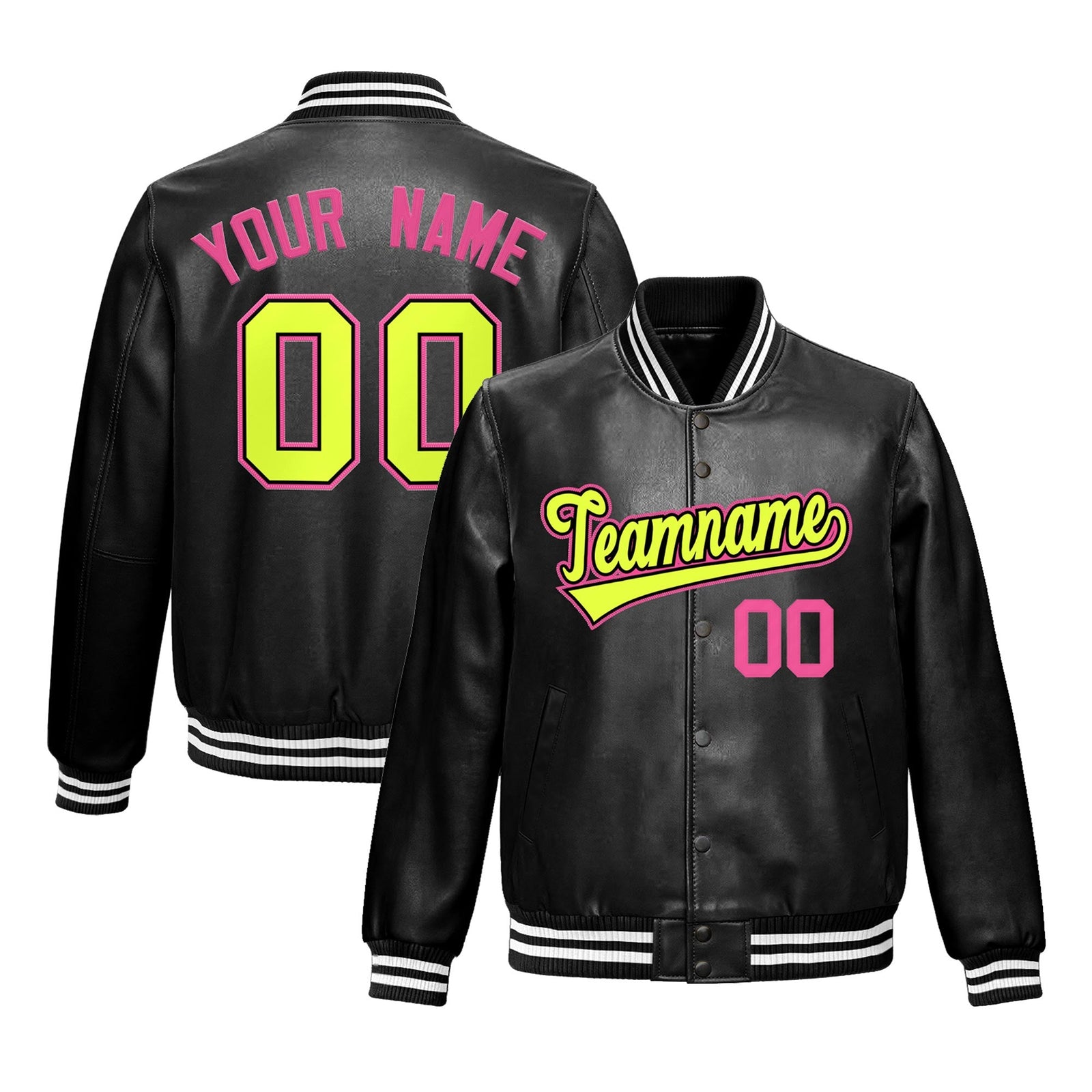 Custom Black Fluorescent Green Full-Snap Varsity Faux Leather Letterman Jacket| KXKSHOP