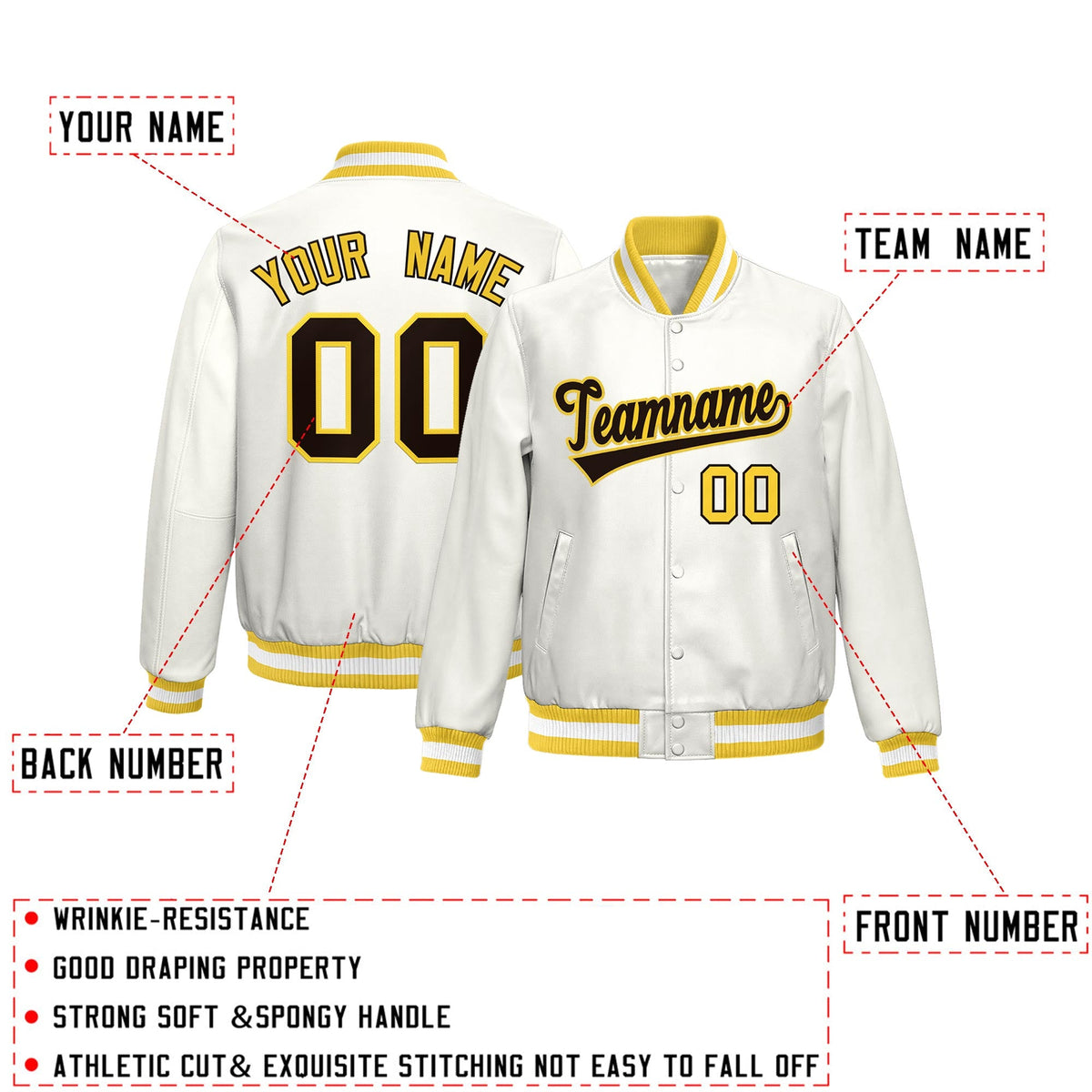 Custom Gold White Full-Snap Varsity Faux Leather Letterman Jacket| KXKSHOP