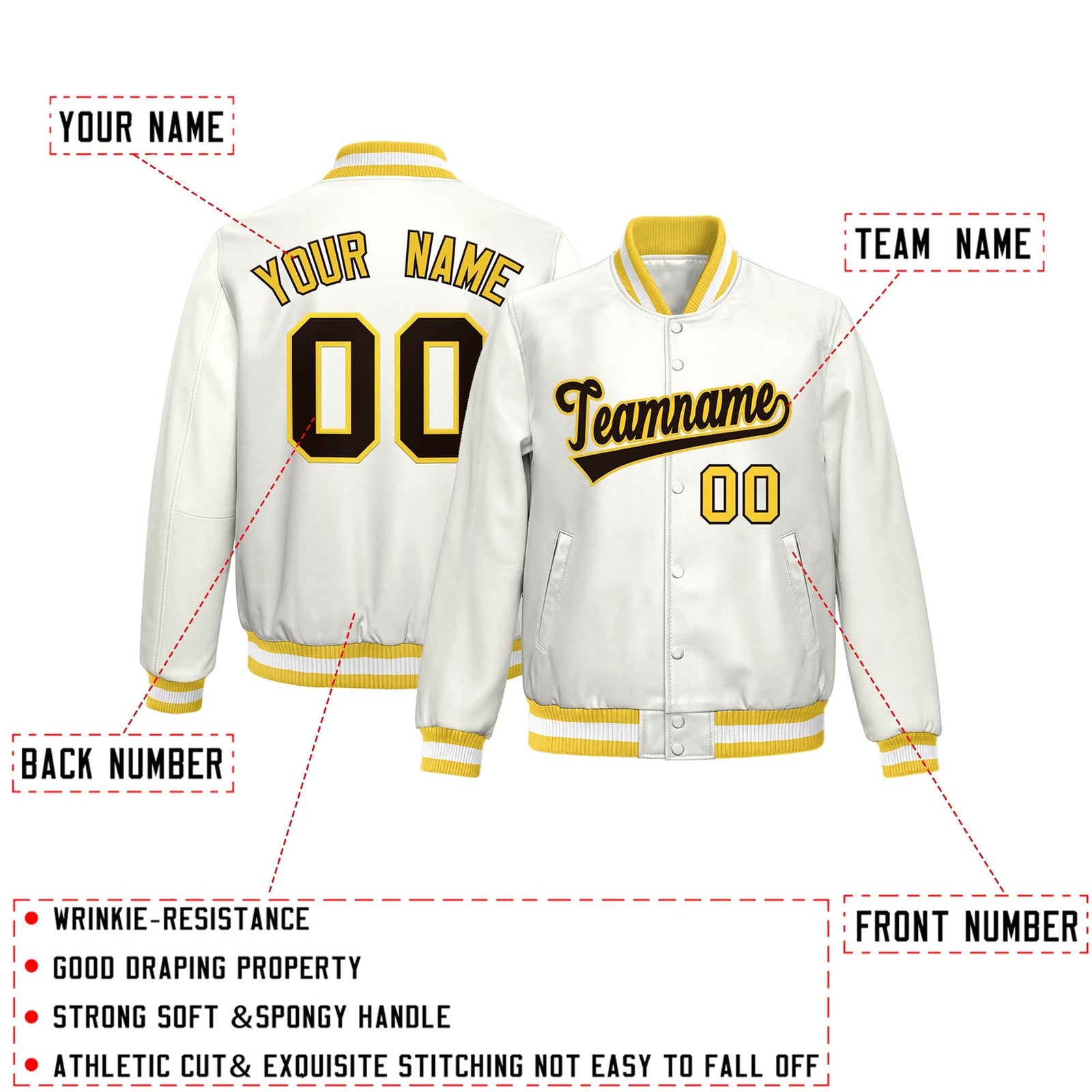 Custom Gold White Full-Snap Varsity Faux Leather Letterman Jacket| KXKSHOP
