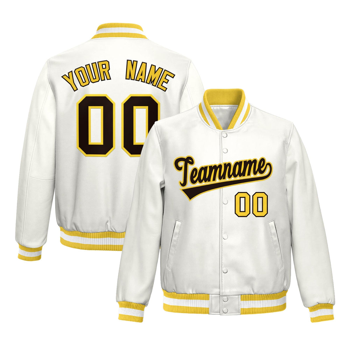 Custom Gold White Full-Snap Varsity Faux Leather Letterman Jacket| KXKSHOP