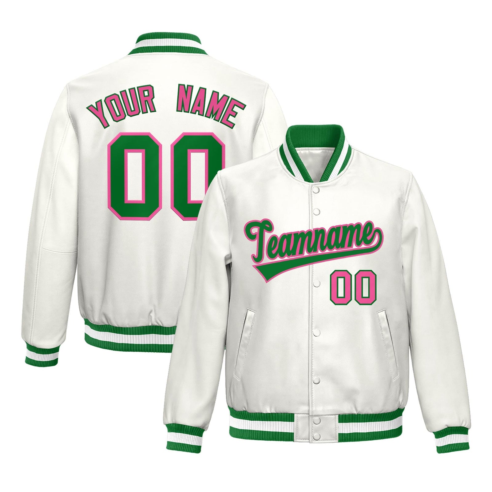 Custom White Kelly Green Pink Full-Snap Varsity Faux Leather Letterman Jacket| KXKSHOP
