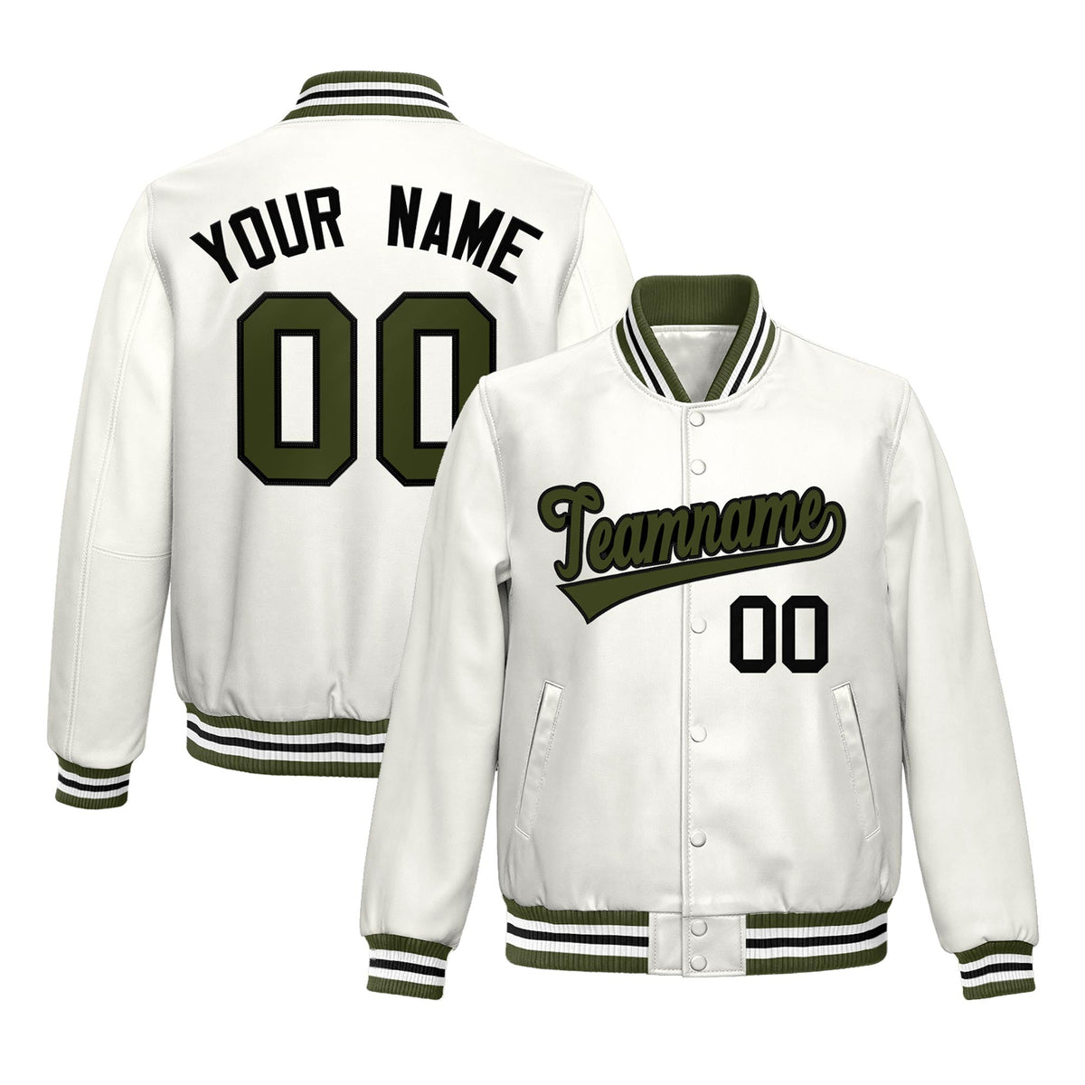 Custom White Olive Full-Snap Varsity Faux Leather Letterman Jacket| KXKSHOP