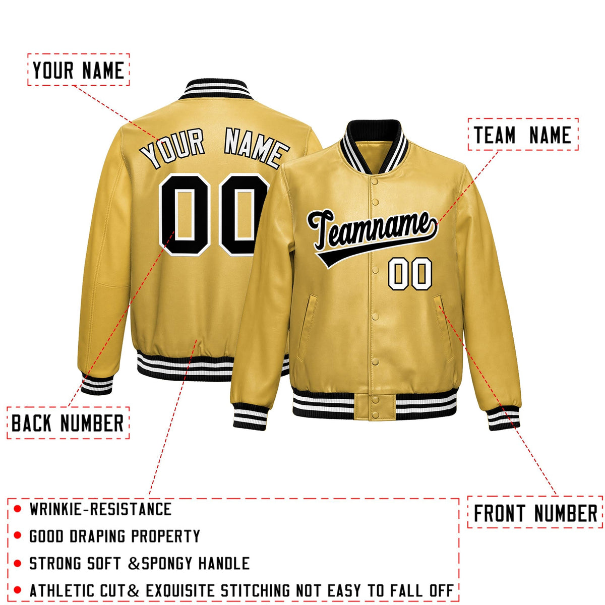 Custom Khaki Black Full-Snap Varsity Faux Leather Letterman Jacket| KXKSHOP