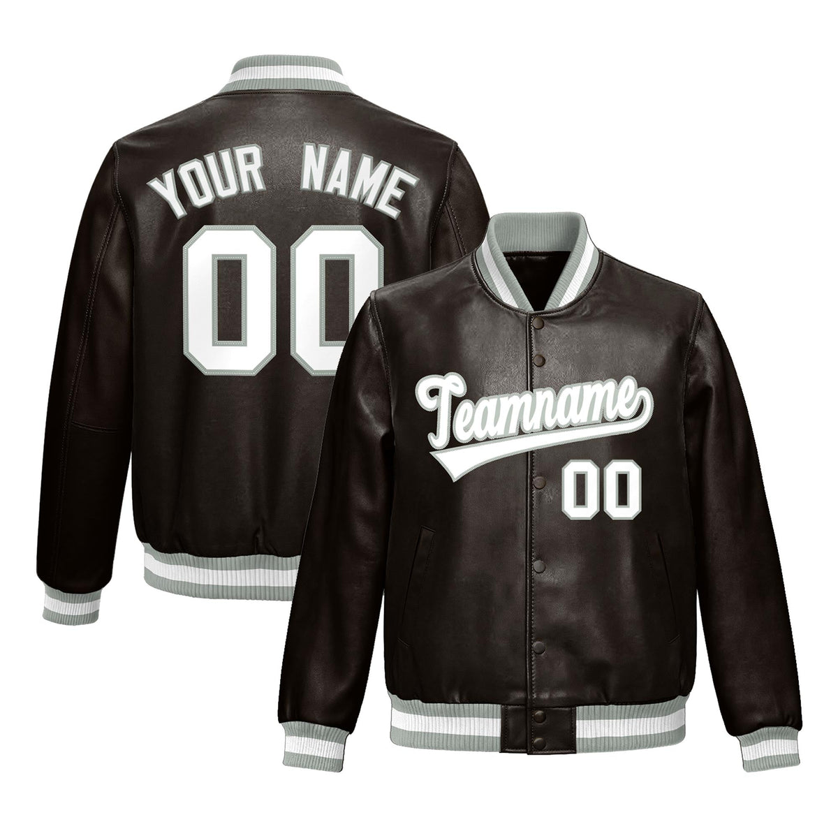 Custom Brown Gray Full-Snap Varsity Faux Leather Letterman Jacket| KXKSHOP