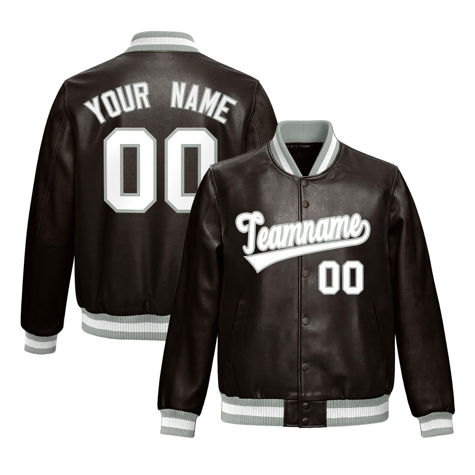 Custom Brown Gray Full-Snap Varsity Faux Leather Letterman Jacket| KXKSHOP