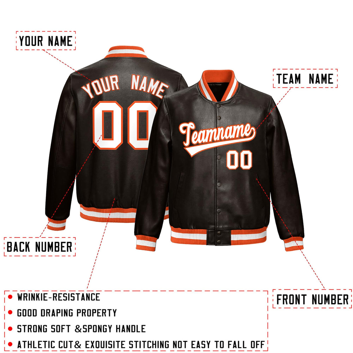 Custom Brown Orange Full-Snap Varsity Faux Leather Letterman Jacket| KXKSHOP