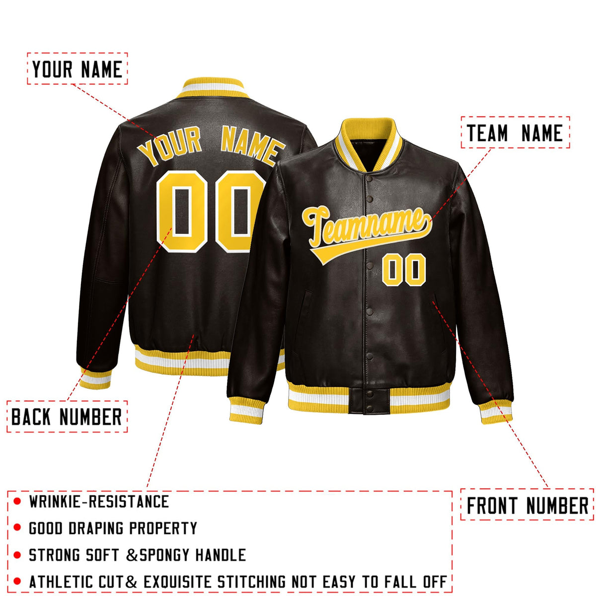 Custom Brown Yellow Full-Snap Varsity Faux Leather Letterman Jacket| KXKSHOP
